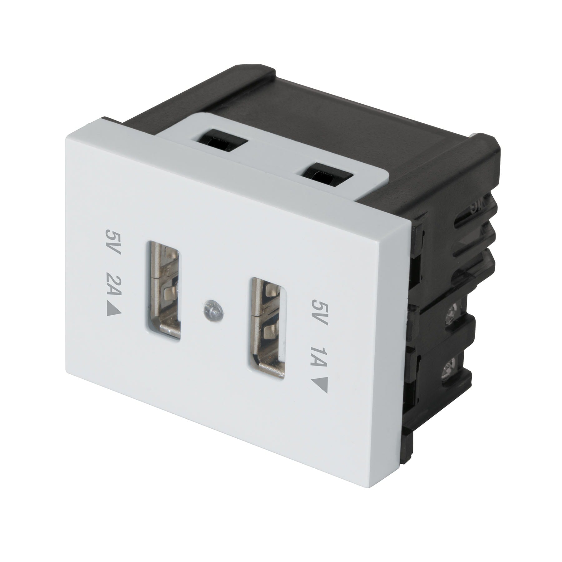 Toma con 2 puertos USB, 1.5 módeloulos, línea Española, blanco