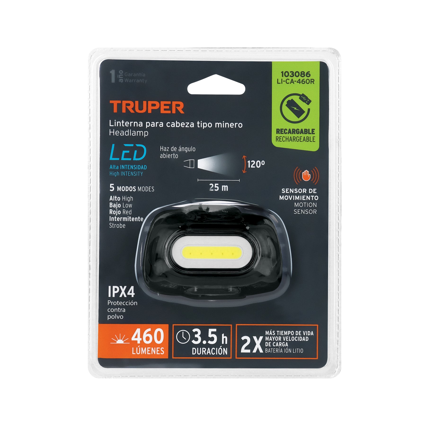 Linterna de minero LED 460 lm con sensor, recargable, Truper