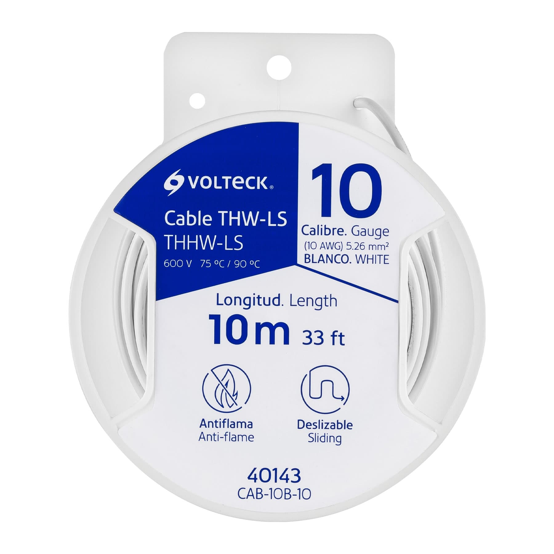 Carrete con 10 m de cable THHW-LS 10 AWG blanco, Volteck, CAB-10B-10, 40143