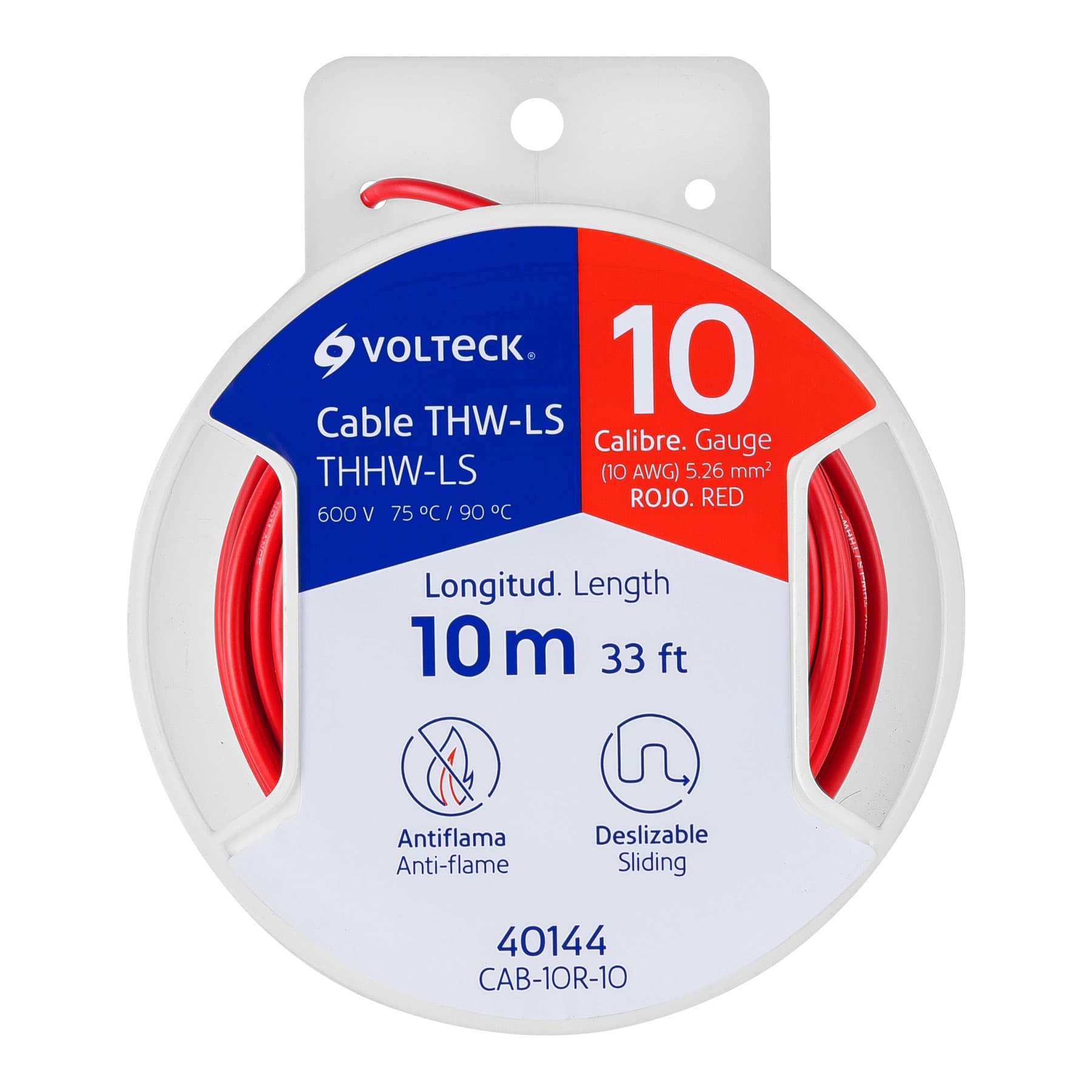 Carrete con 10 m de cable THHW-LS 10 AWG rojo, Volteck, CAB-10R-10, 40144