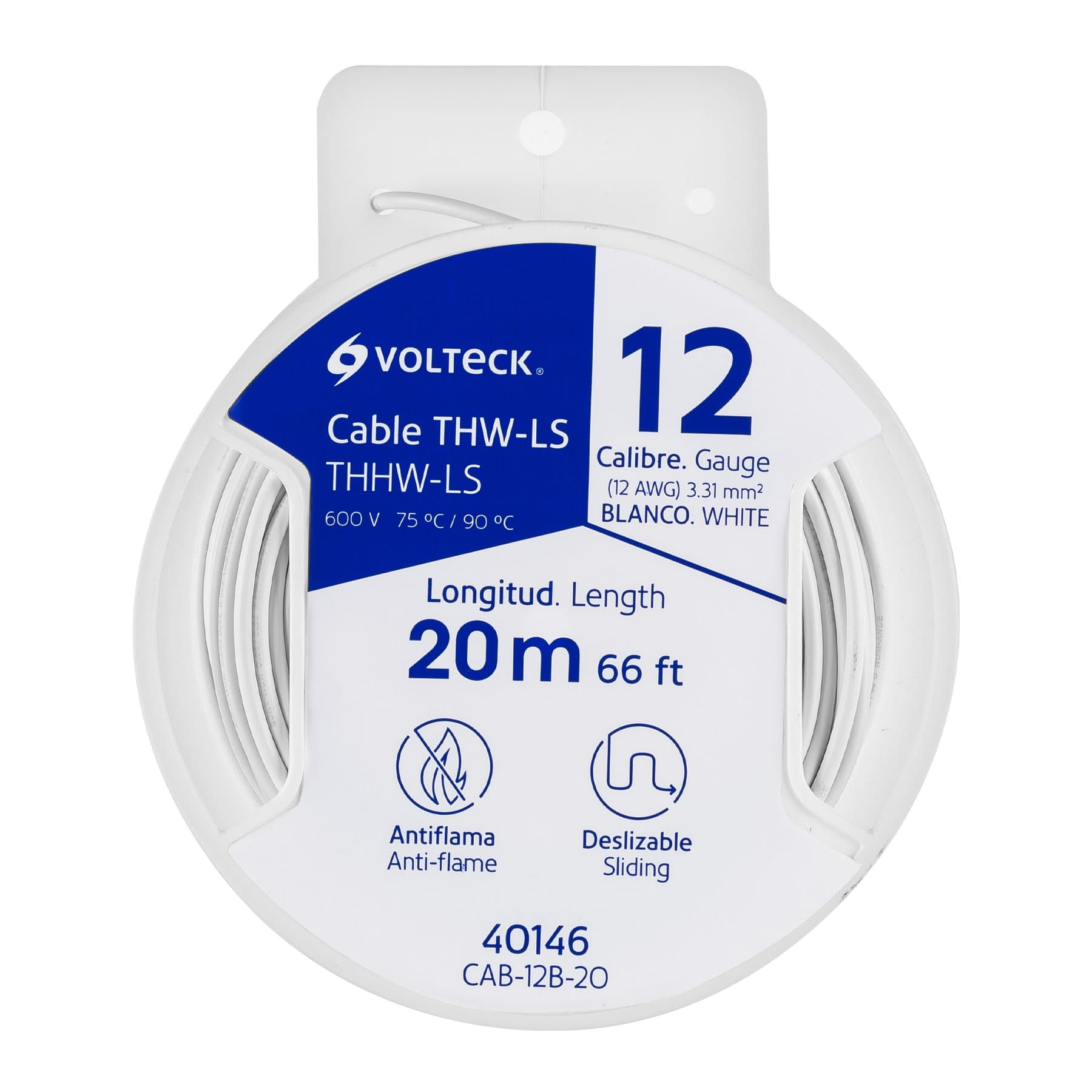 Carrete con 20 m de cable THHW-LS 12 AWG blanco, Volteck, CAB-12B-20, 40146