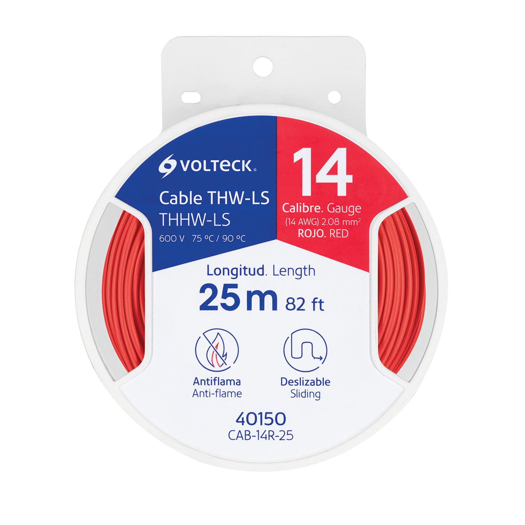 Carrete con 25 m de cable THHW-LS 14 AWG rojo, Volteck, CAB-14R-25, 40150