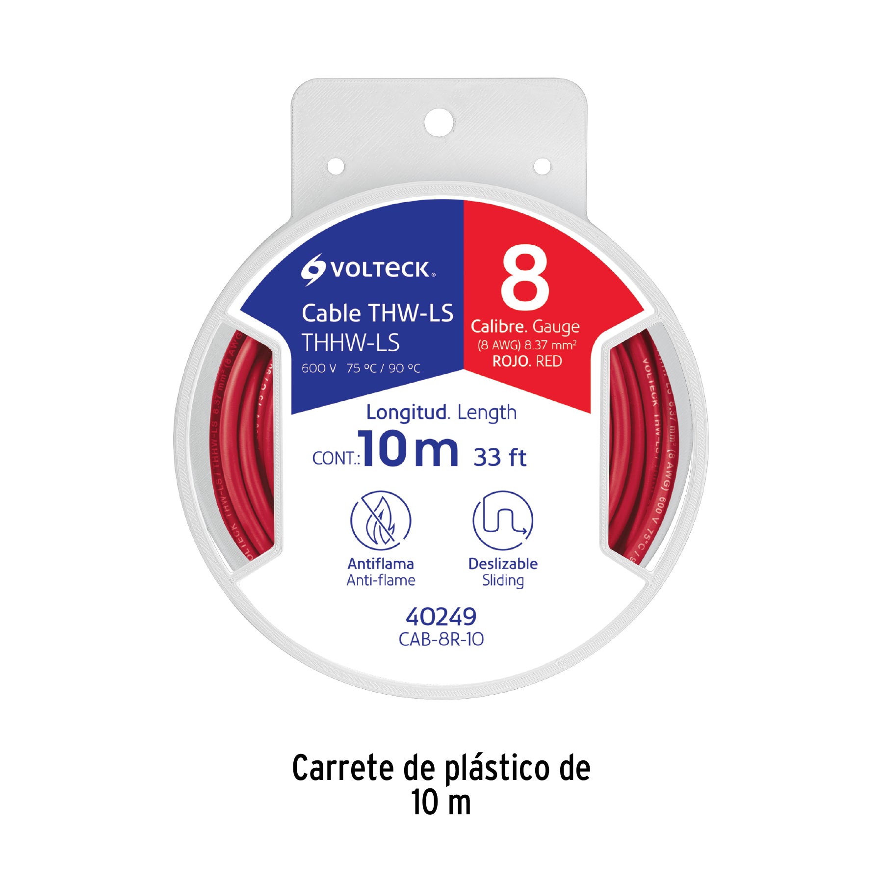 Carrete con 10 m de cable THHW-LS 8 AWG rojo, Volteck