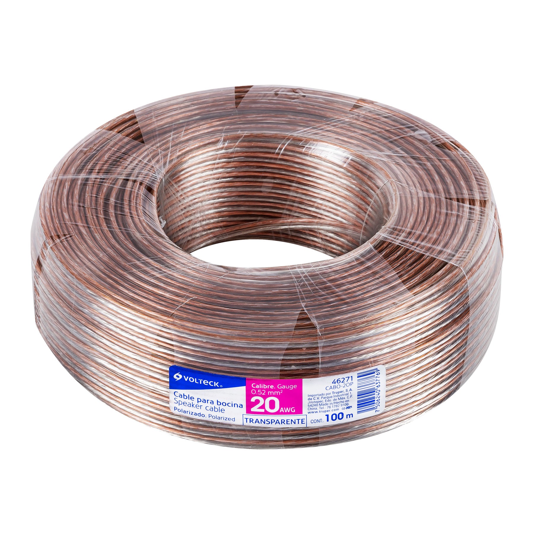 Rollo de 100 m cable polarizado transparente para bocina 20 AWG, Volteck, CABO-20P, 46271