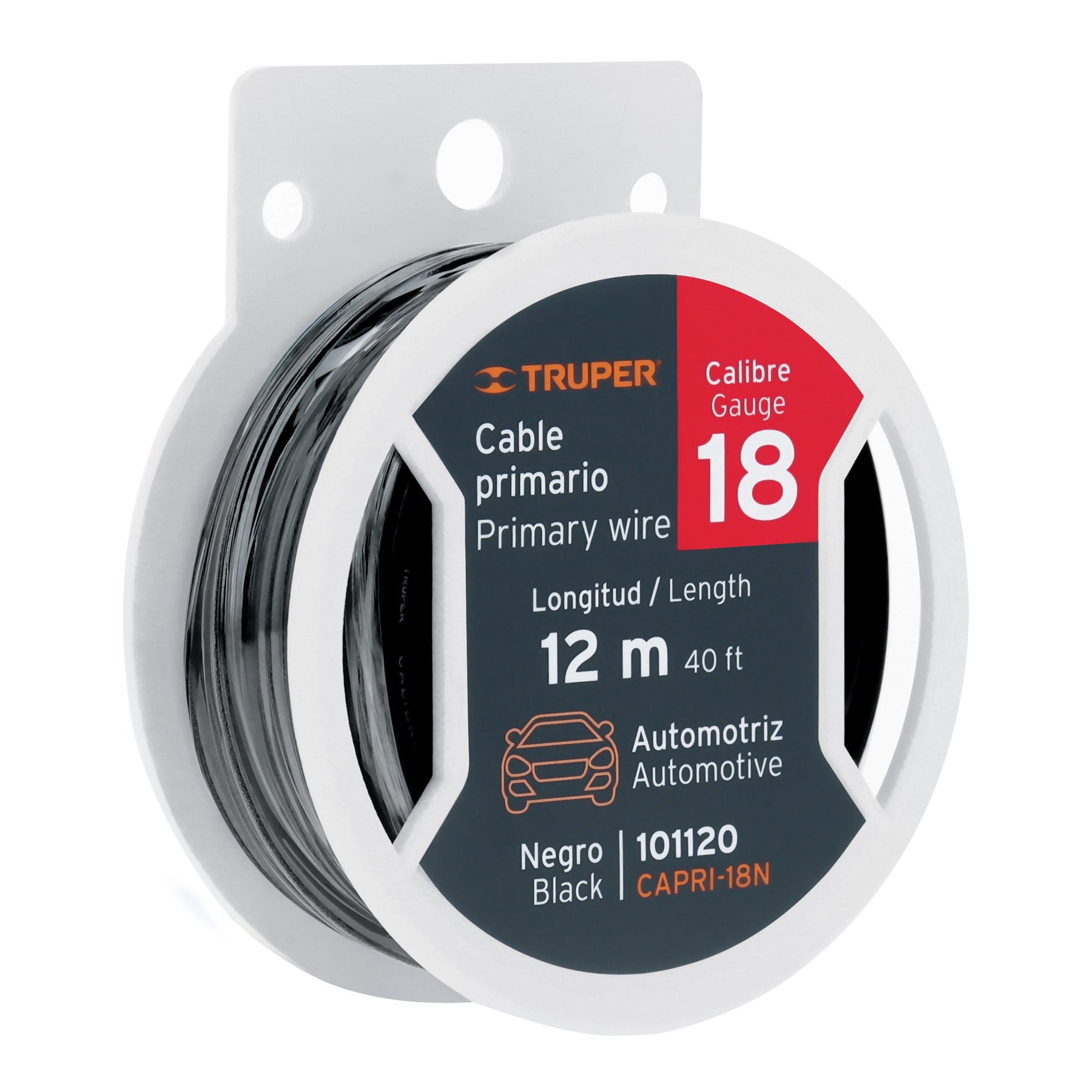 Carrete con 12 m de cable primario negro calibre 18, Truper