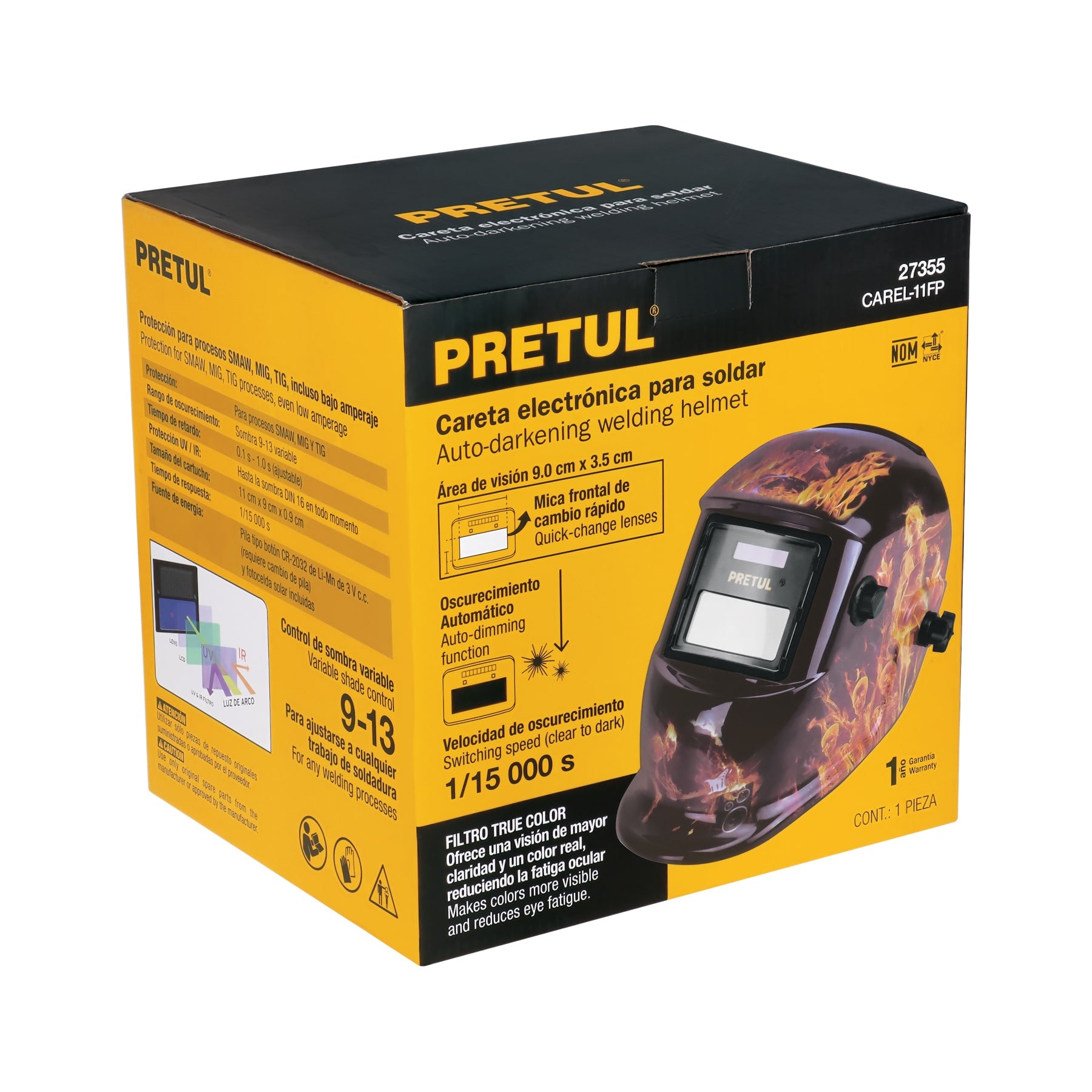 Careta electrónica para soldar, fuego, sombra 9 a 13, Pretul