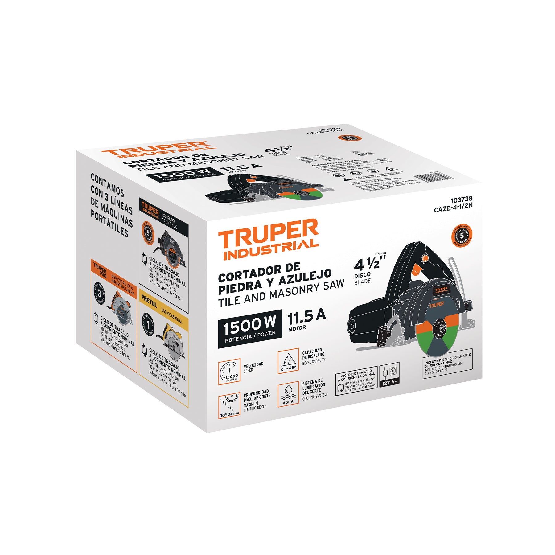 Cortadora para azulejos, 4-1/2", 1500W INDUSTRIAL, Truper, CAZE-4-1/2N, 103738