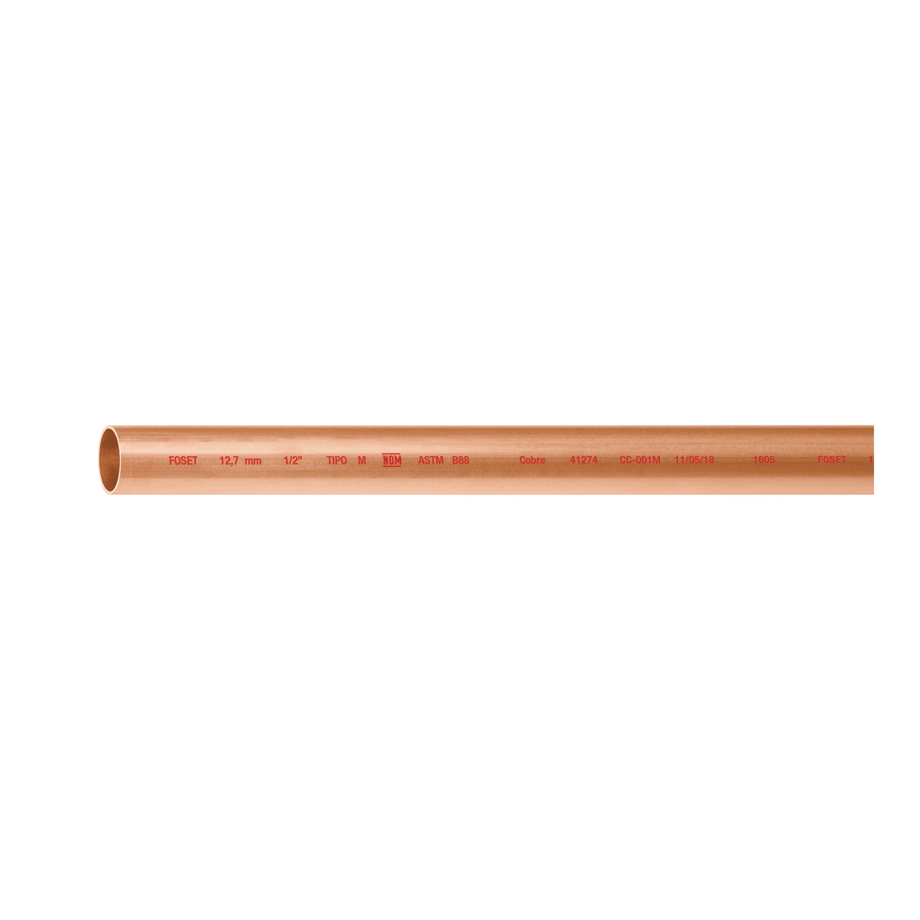 Tubo de 1/2" de cobre tipo "M", de 3m, 0.9kg, Foset