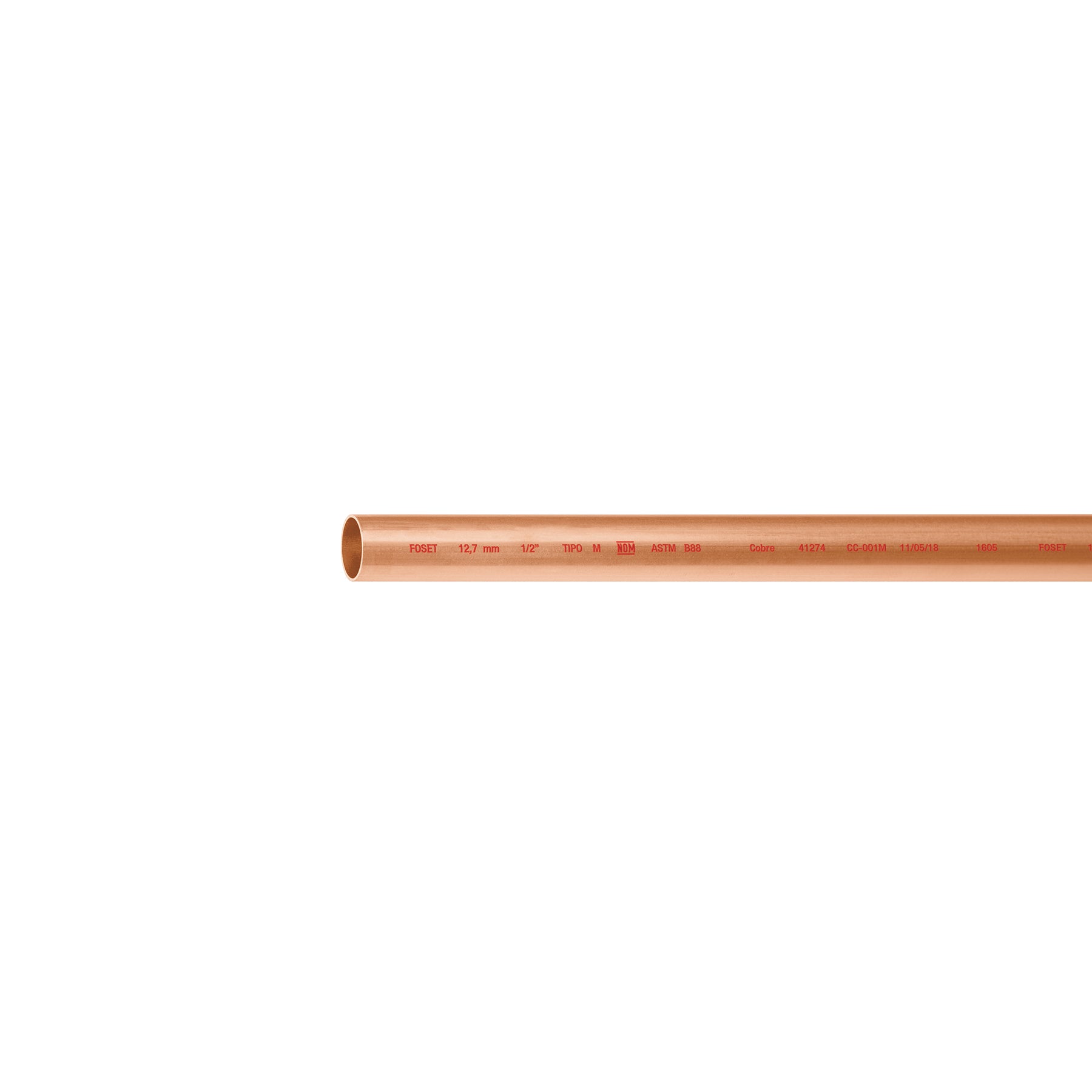 Tubo de 1/2" de cobre tipo "M", de 3m, 0.9kg, Foset