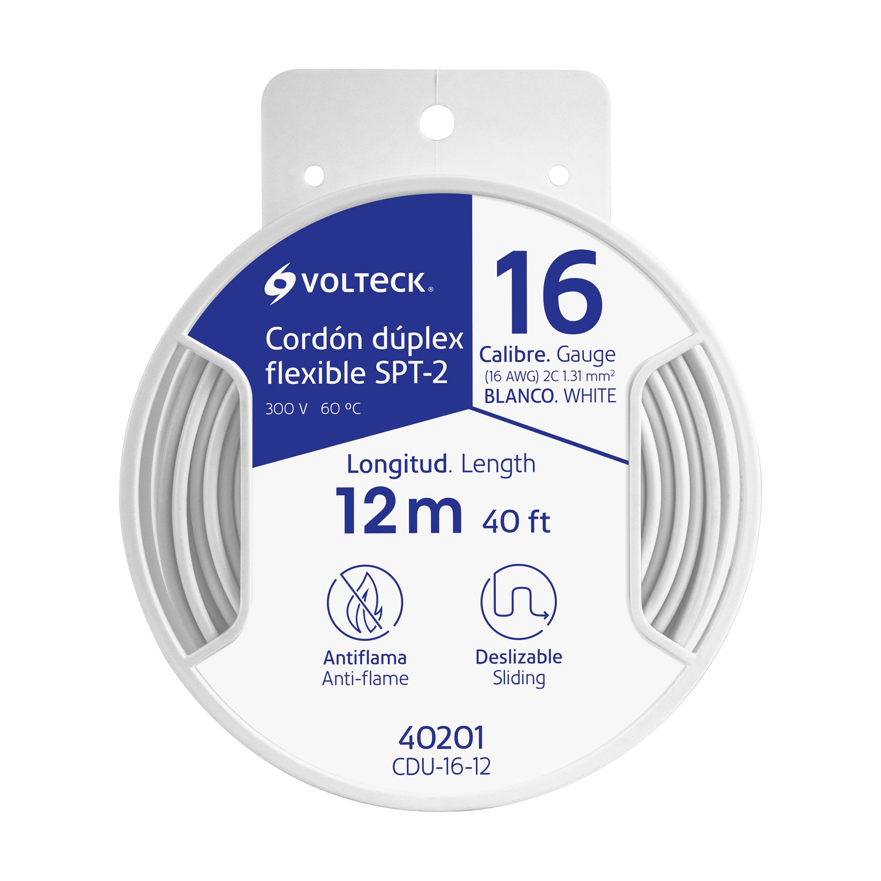 Carrete con 12 m cordón dúplex flexible SPT 16 AWG, Volteck, CDU-16-12, 40201