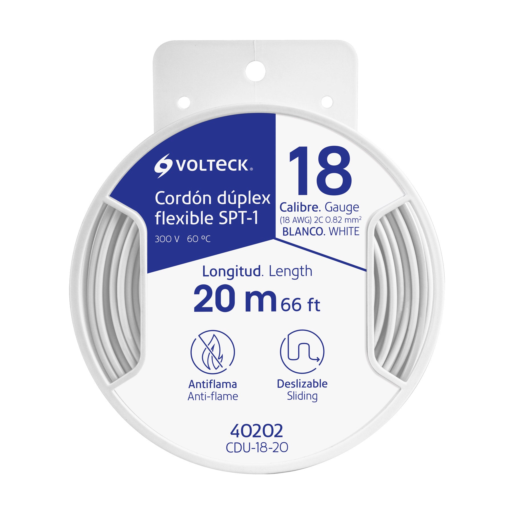 Carrete con 20 m cordón dúplex flexible SPT 18 AWG, Volteck, CDU-18-20, 40202