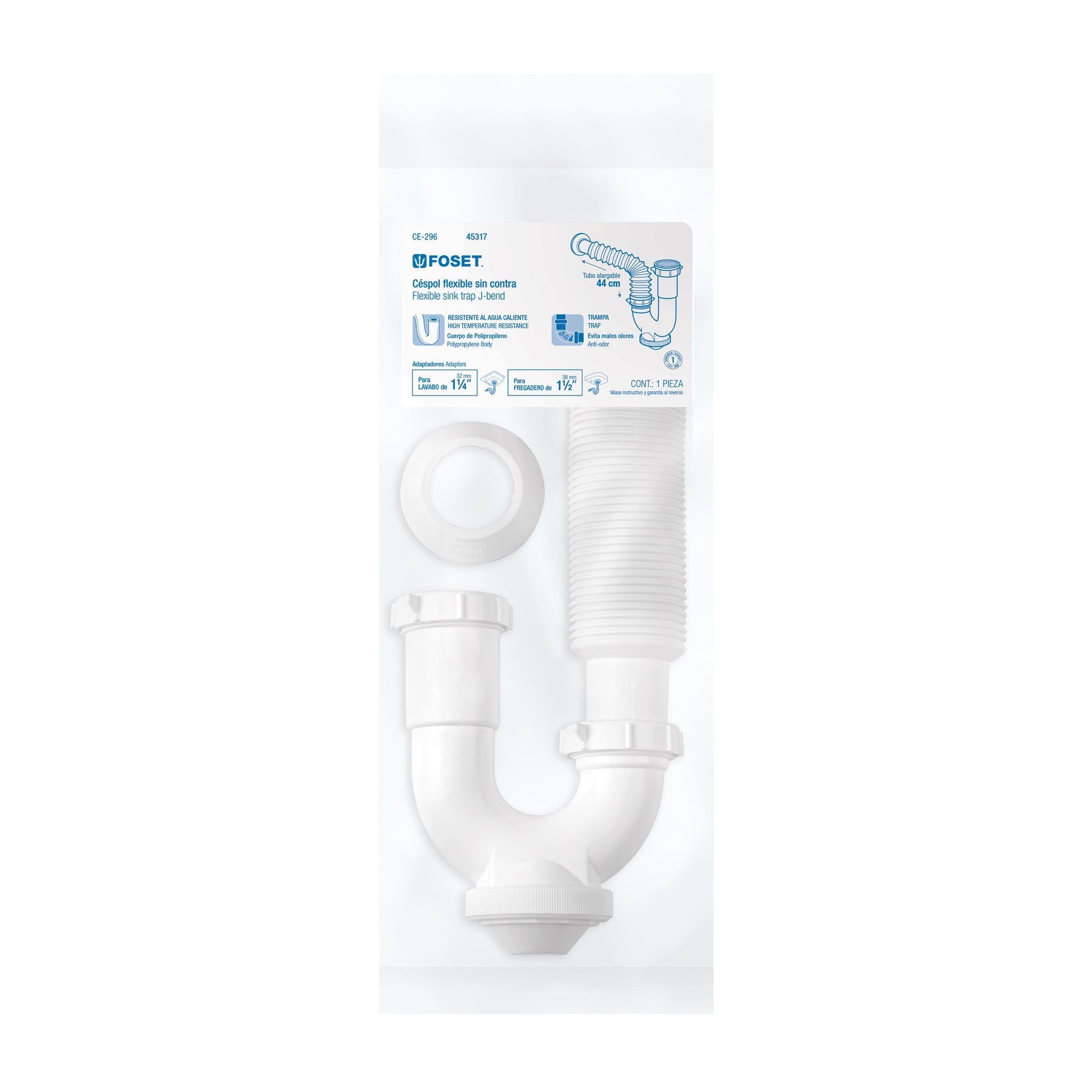 Céspol rígido para fregadero s/contra, polipropileno, 1-1/2"