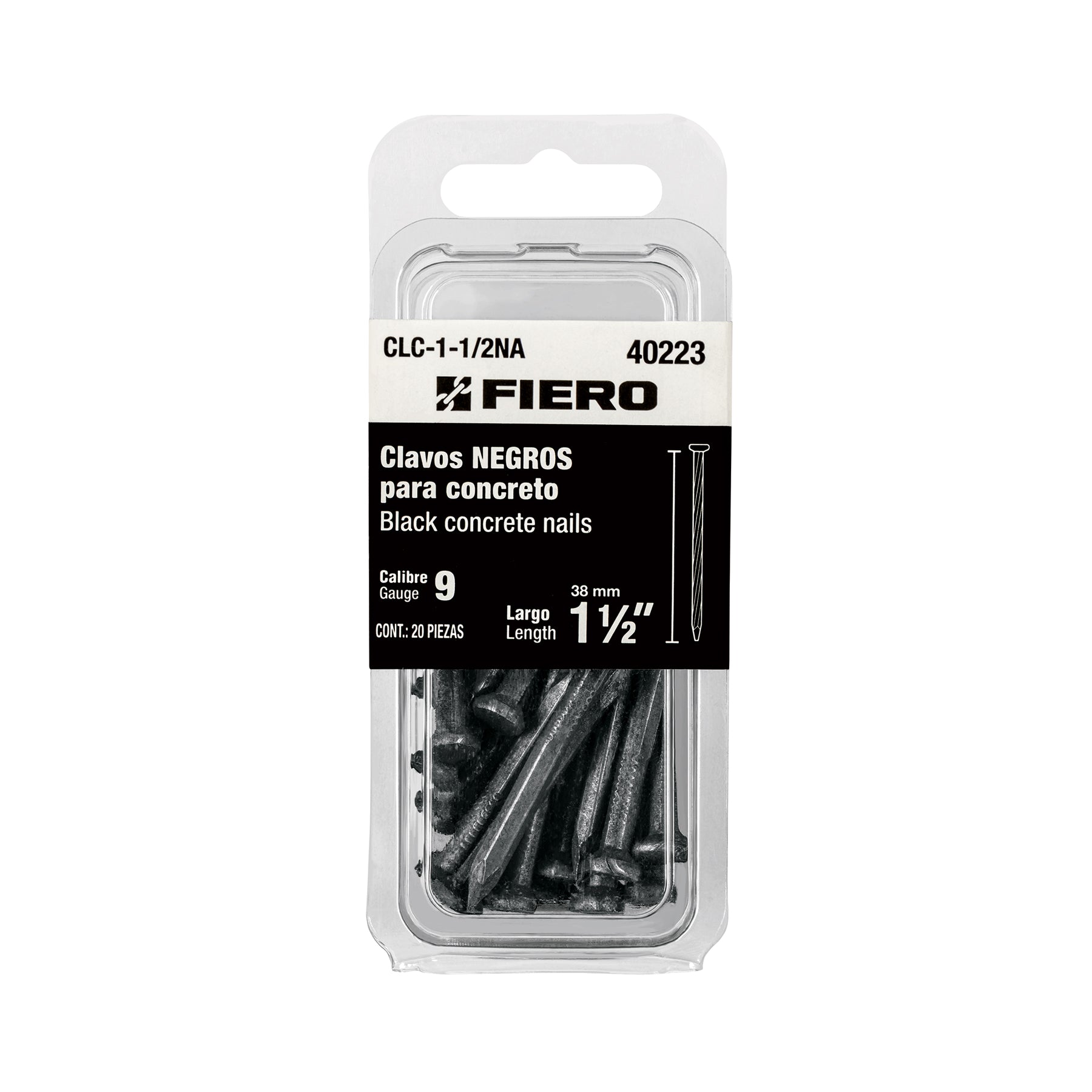 Blíster con 20 clavos negros para concreto 1-1/2", Fiero