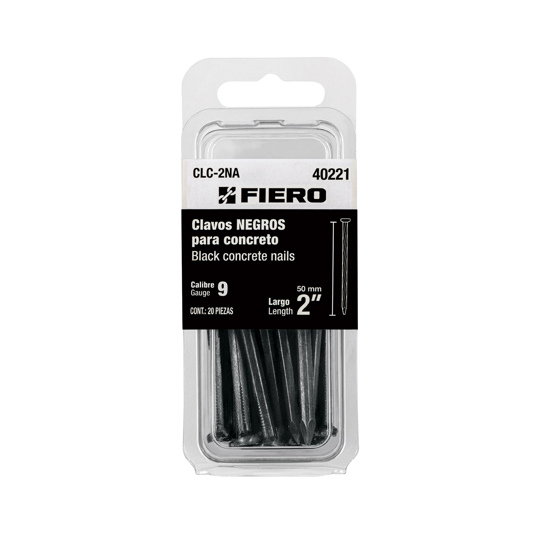 Blíster con 20 clavos negros para concreto 2", Fiero