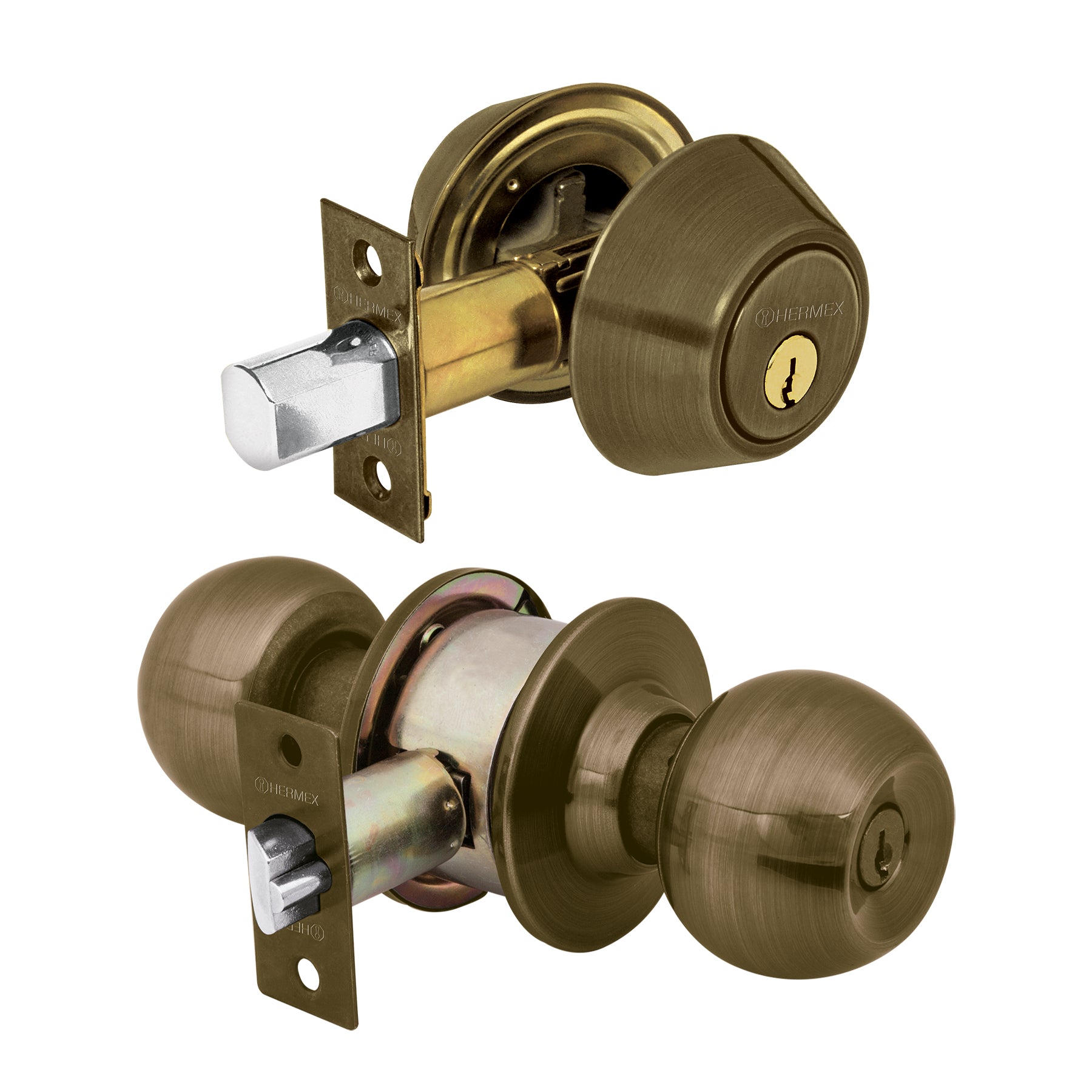 Combo cerraduras, llave-llave, latón antiguo, Hermex BASIC