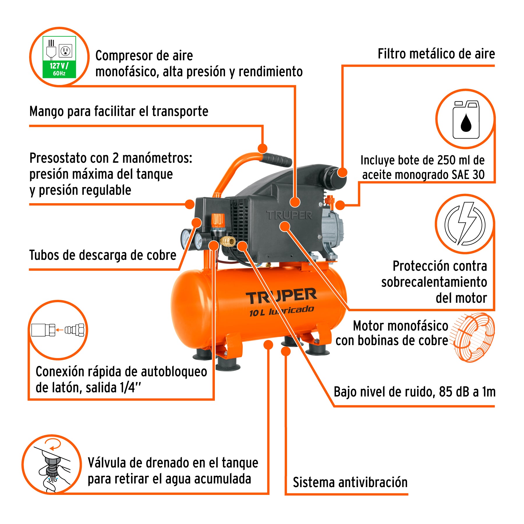 Compresor de aire lubricado, 10 litros, 2 HP, horizontal, 127V, Truper