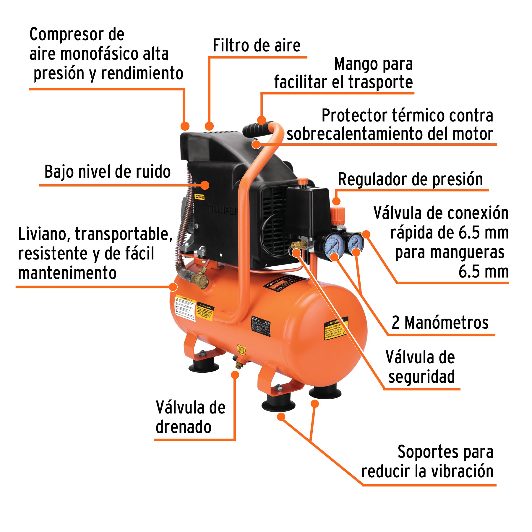 Compresor lubricado, 10L, 2 HP, horizontal, 127V, Truper
