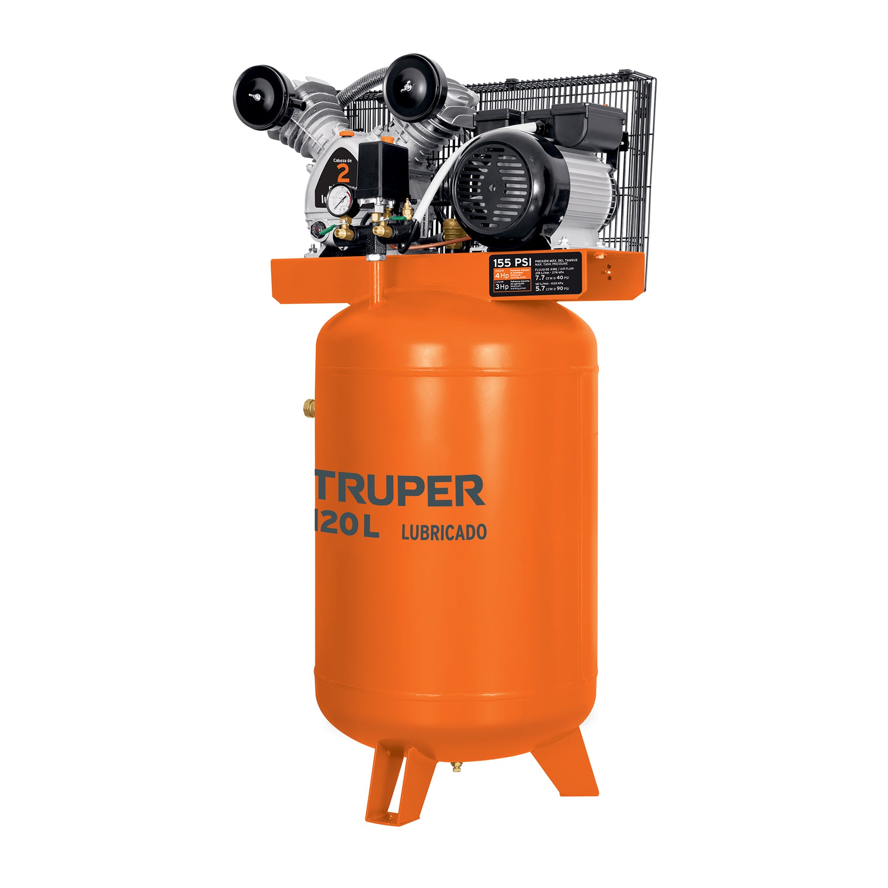 Compresor lubricado, de banda, 120L, 4HP, vert, 220V, Truper
