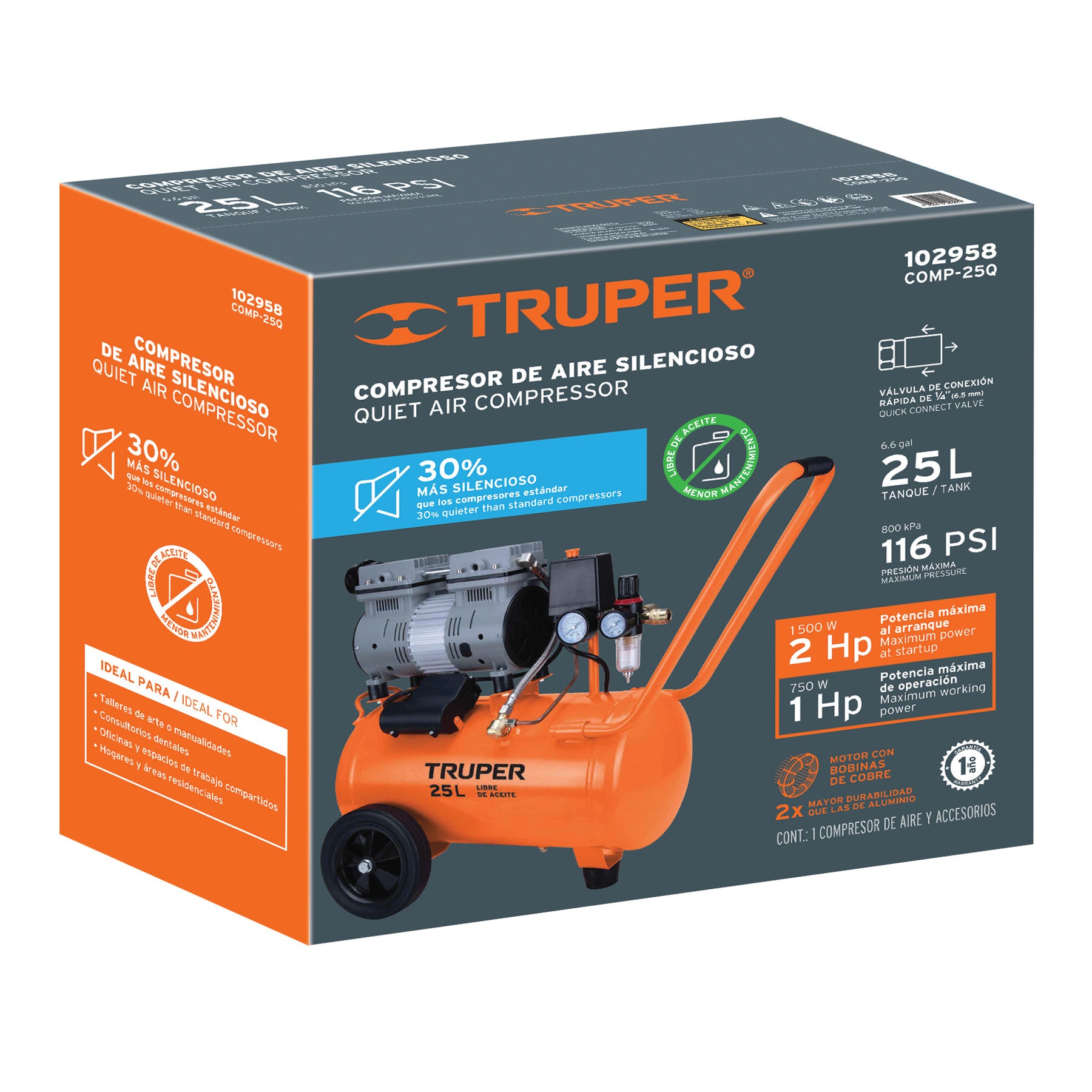 Compresor de aire, silencioso libre de aceite, 25 L, 2 HP
