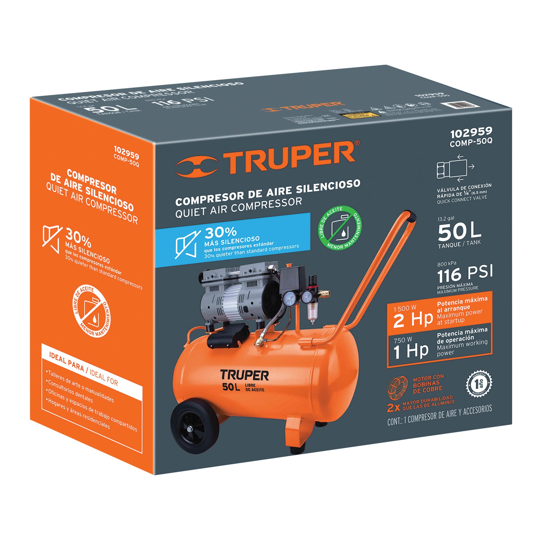 Compresor de aire, silencioso libre de aceite, 50 L, 2 HP