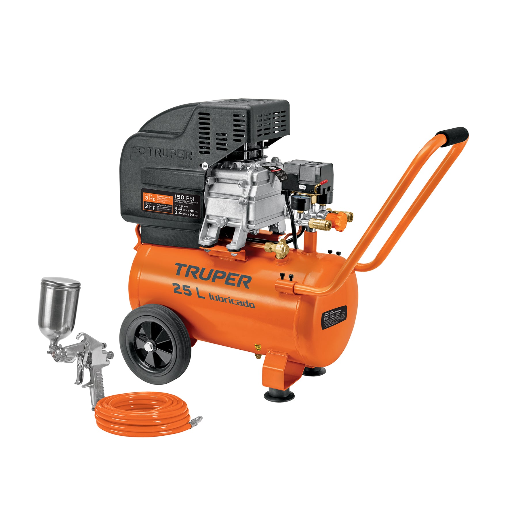 Kit Compresor lubricado, 25L, manguera y pistola grav,127V, Truper
