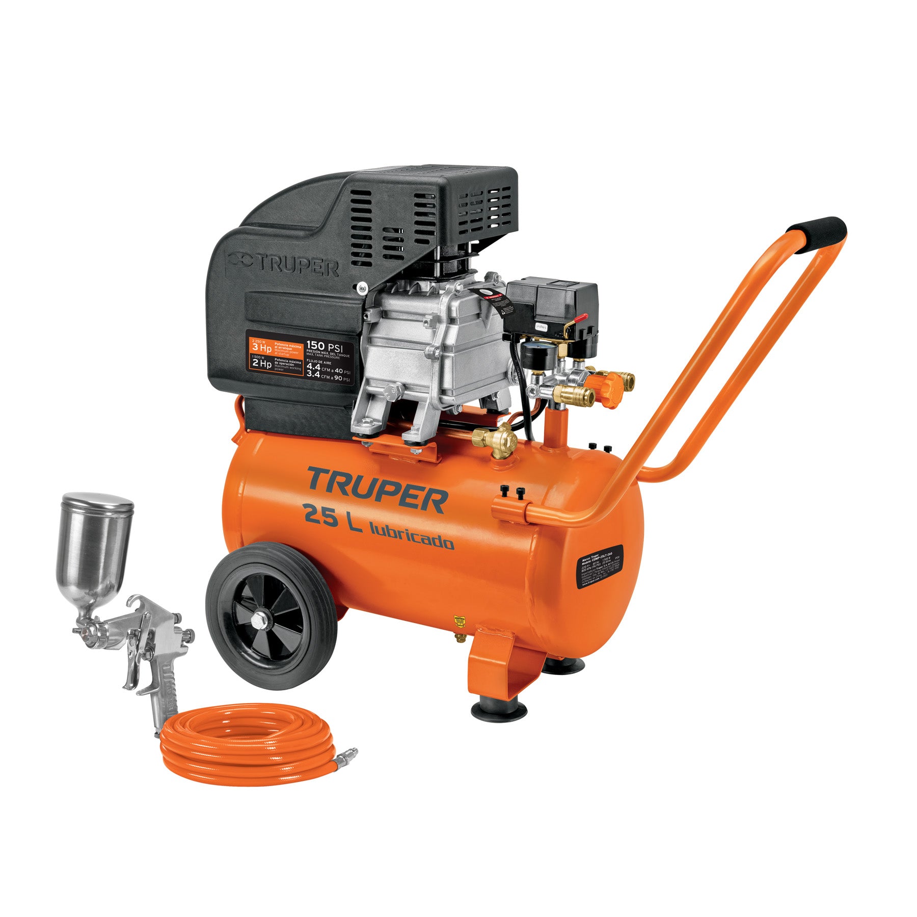 Kit Compresor lubricado, 25L, manguera y pistola grav,127V, Truper