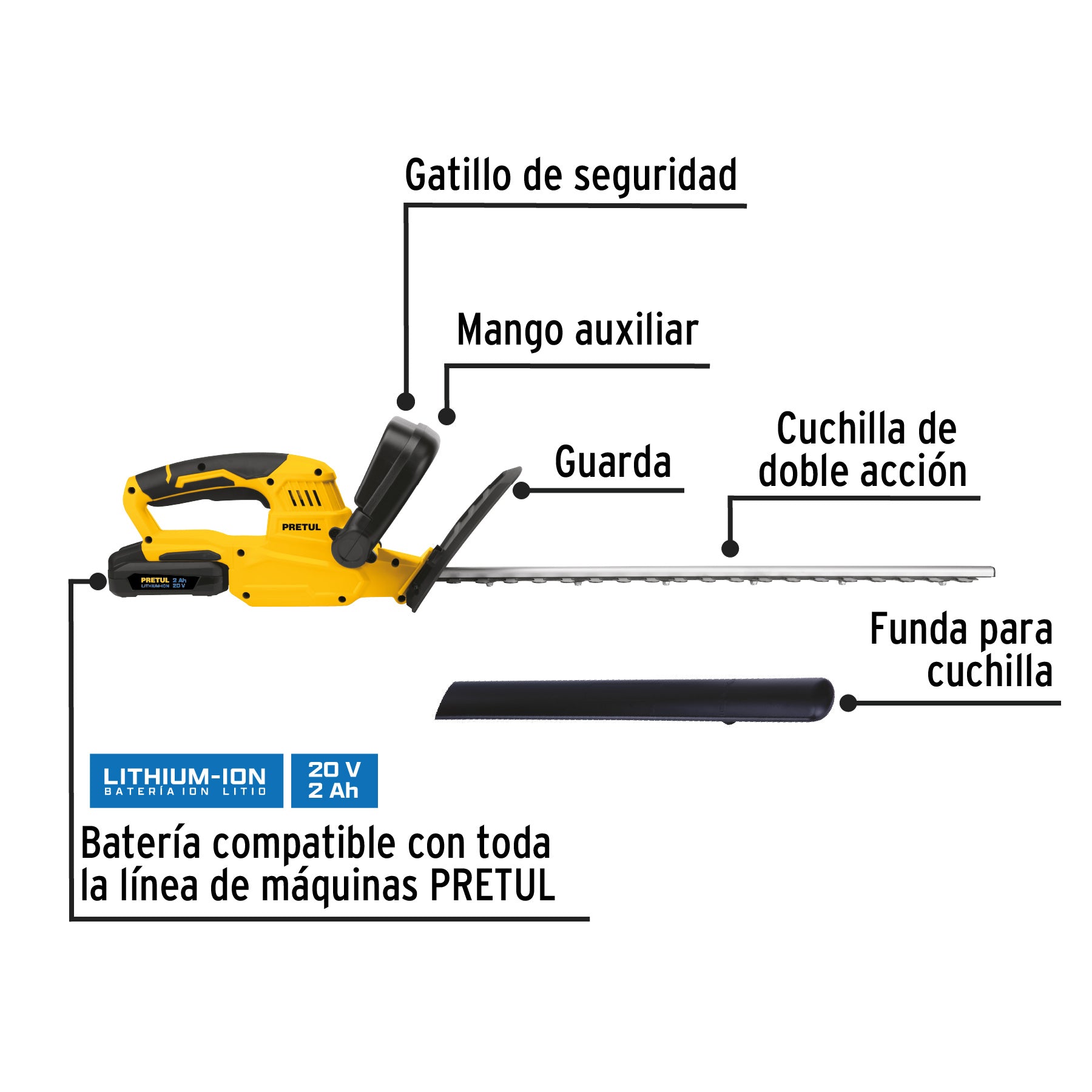 Cortasetos inalámbrico 20V, 1 batería 2Ah, 1 cargador Pretul