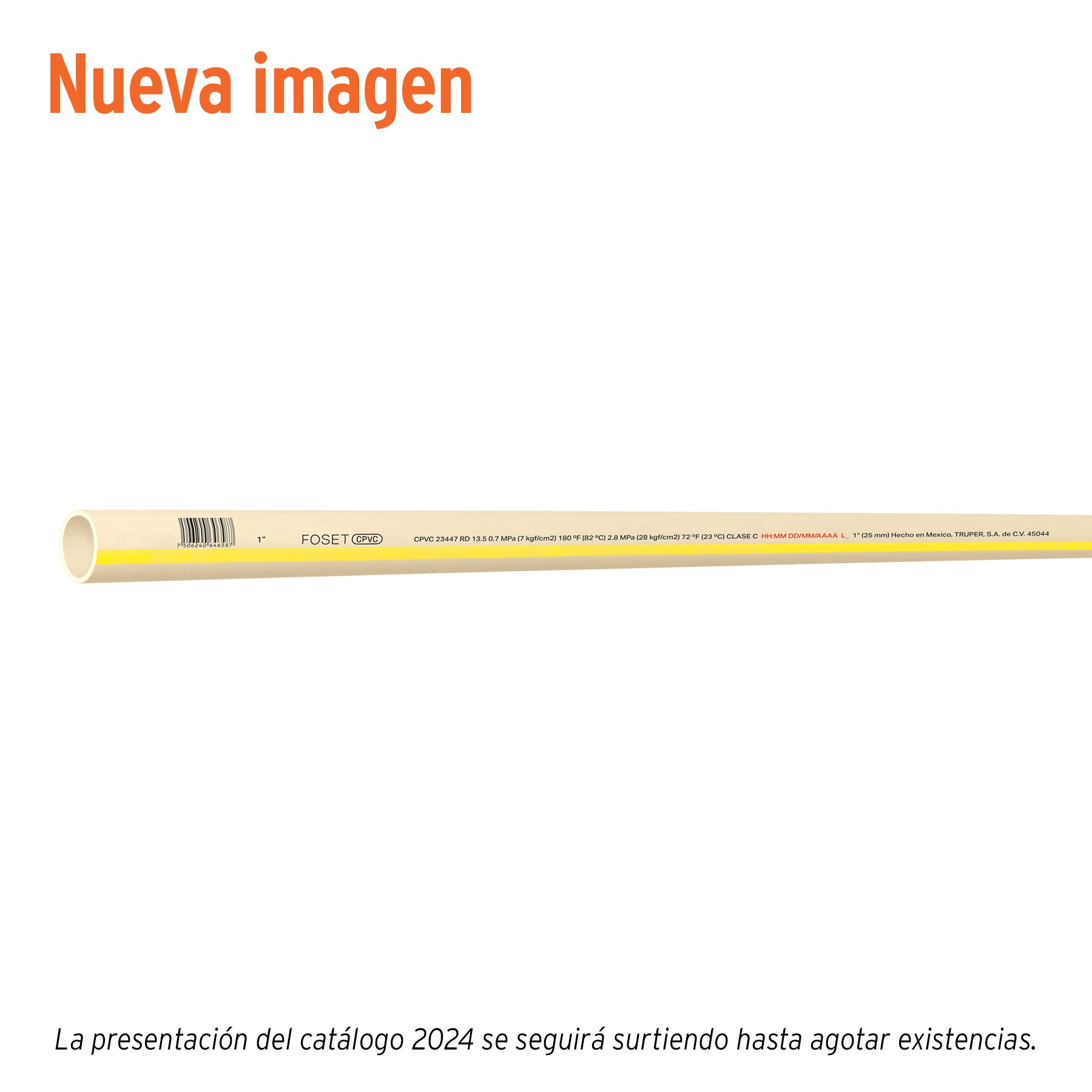 Tubo de 1" CPVC hidráulico RD 13.5, 1", 3m, 0.8kg, Foset, CPVC-003, 45044