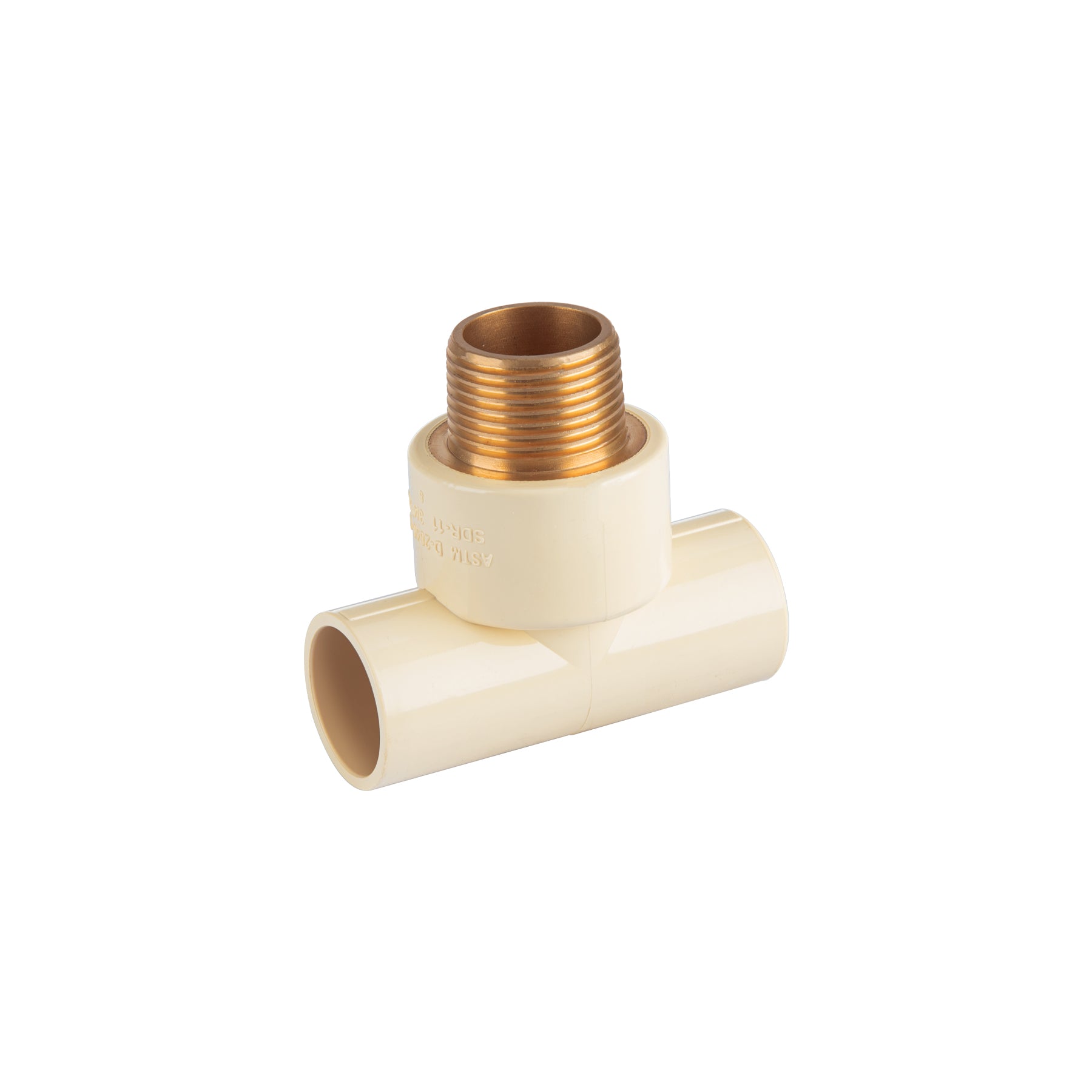 Tee CPVC, 3/4", rosca central macho, inserto de latón, Foset