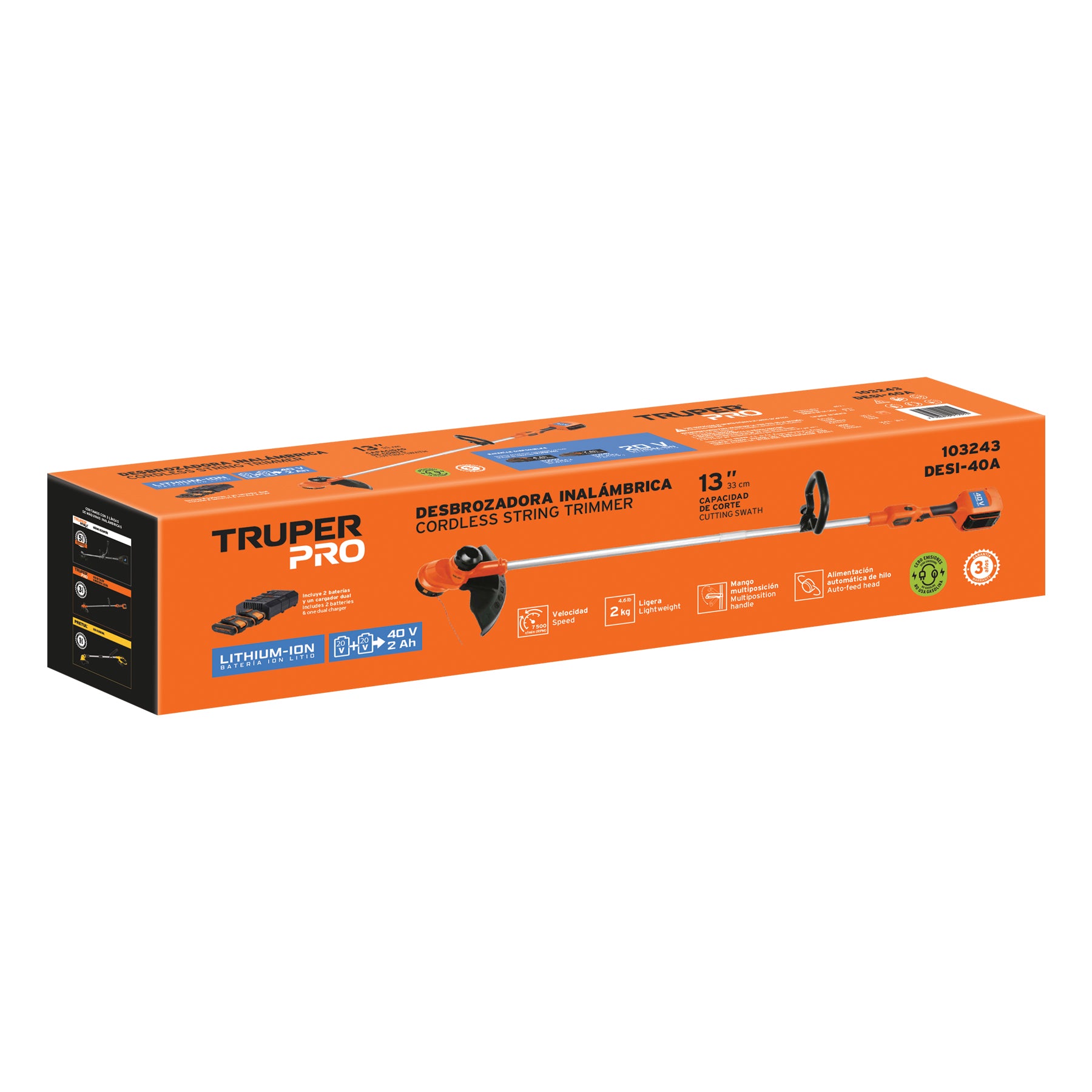 Desbrozadora inalámbrica 40V, 2 baterías 2Ah, 1 cargador dual, PRO