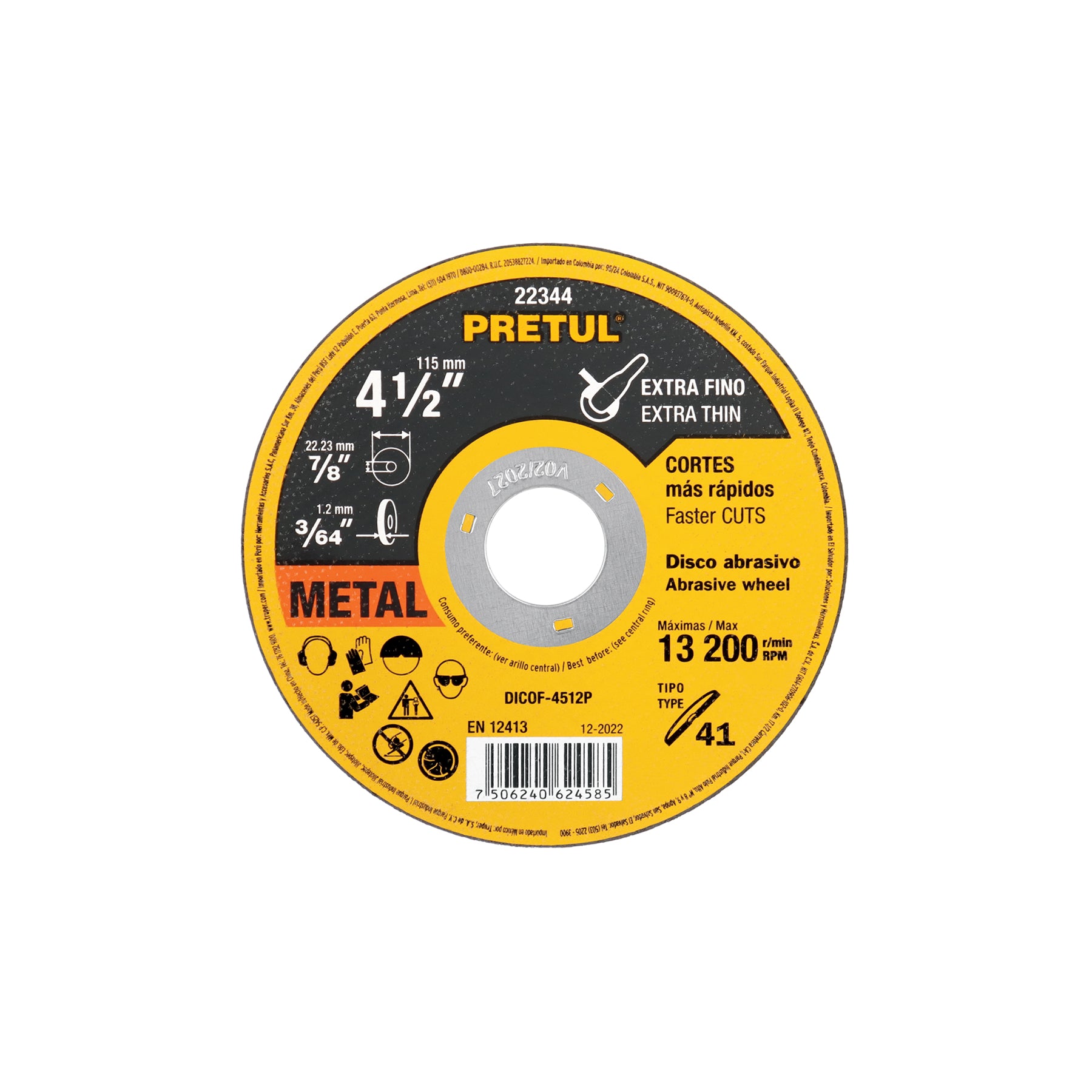 Disco Tipo 41 de 4-1/2" x 1.2 mm corte fino de metal, Pretul