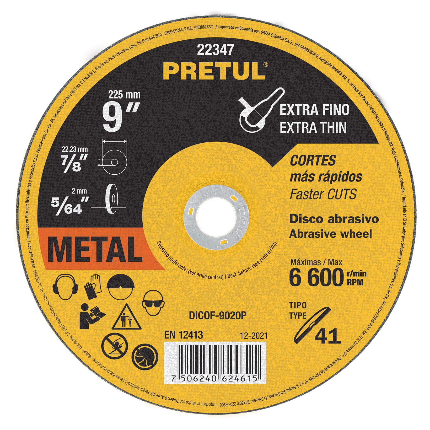 Disco abrasivo de corte preciso metal 9" x 2 mm, Pretul, DICOF-9020P, 22347