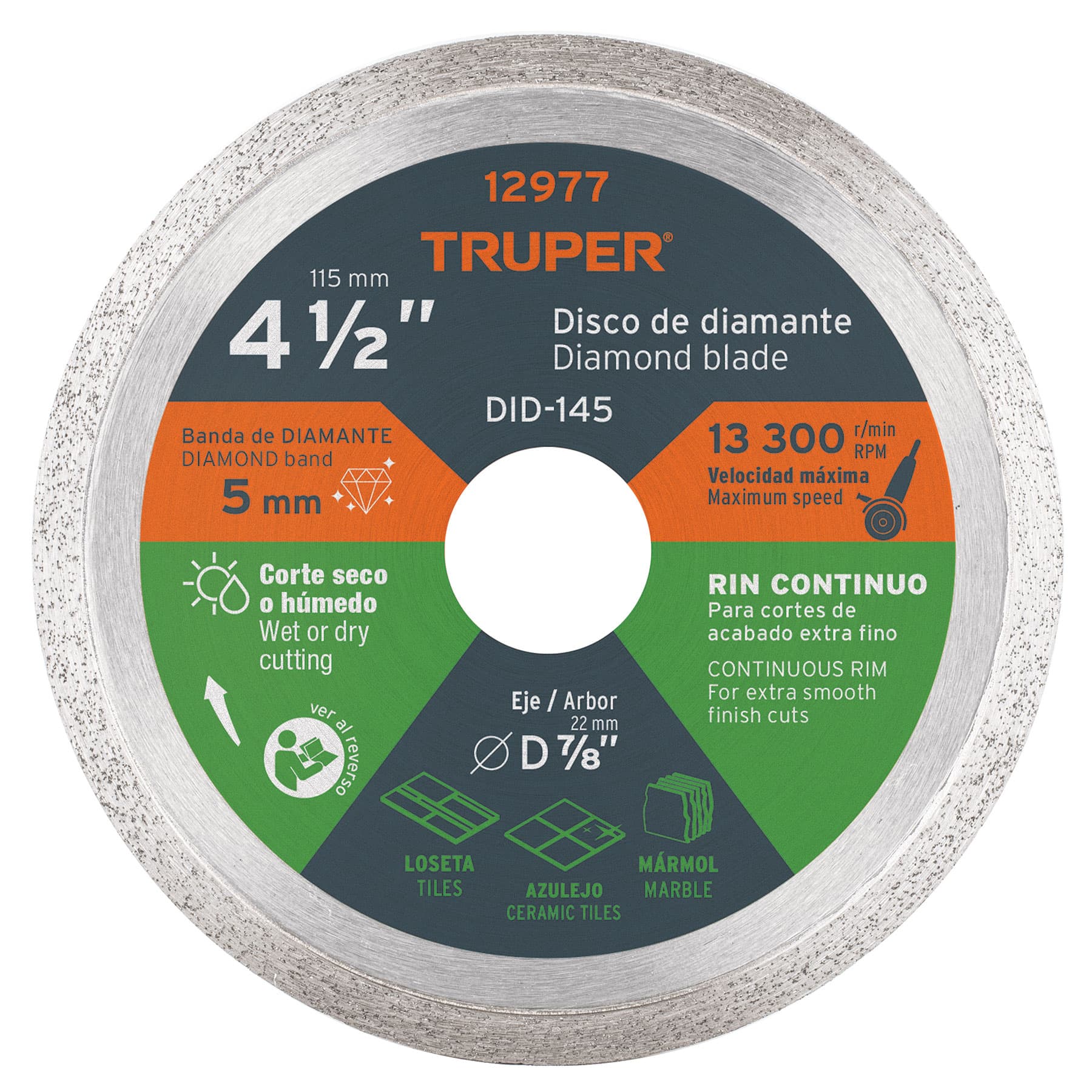 Disco de diamante de 4-1/2" x 1.6 mm, rin continuo, Truper