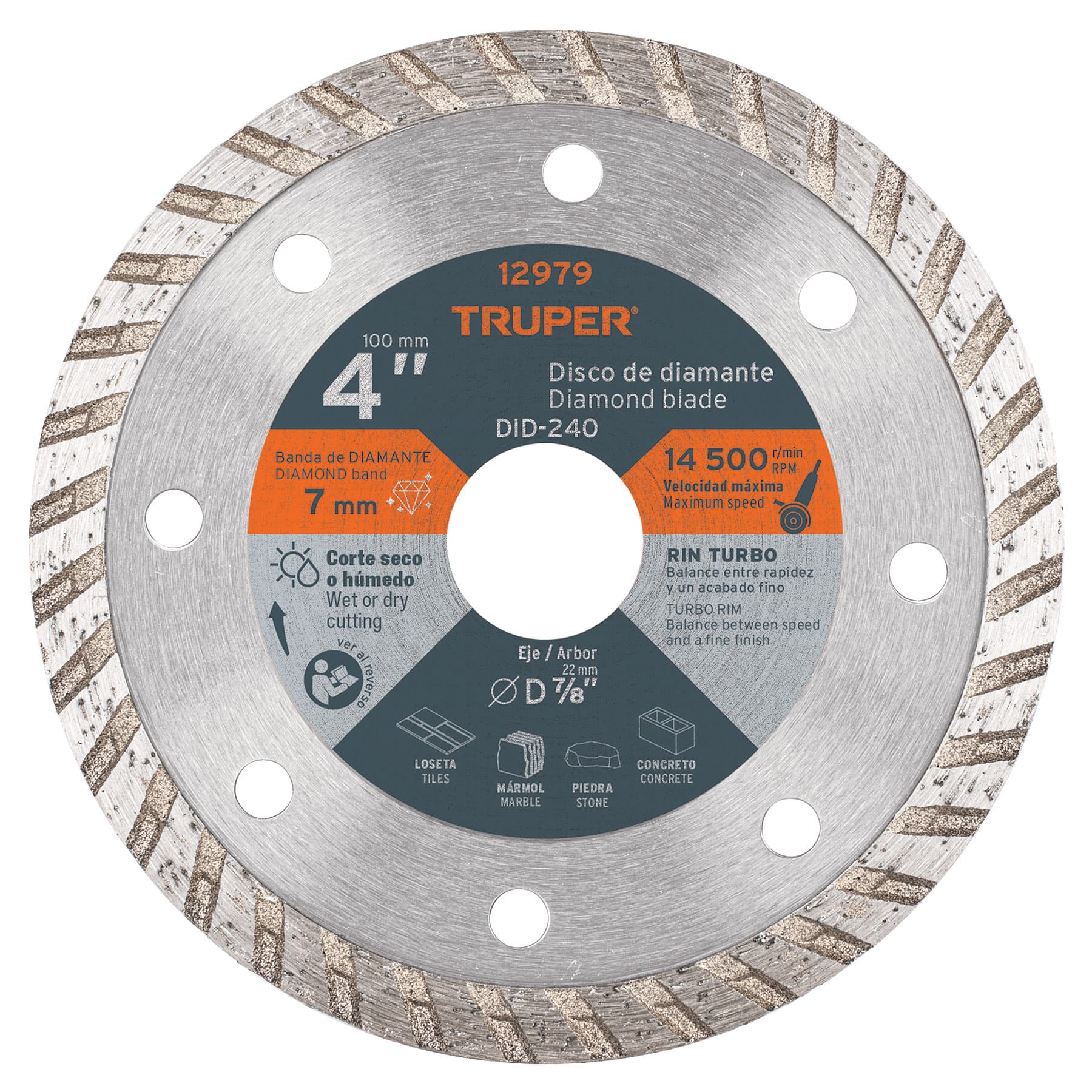 Disco de diamante de 4" x 2.2 mm, rin turbo, Truper