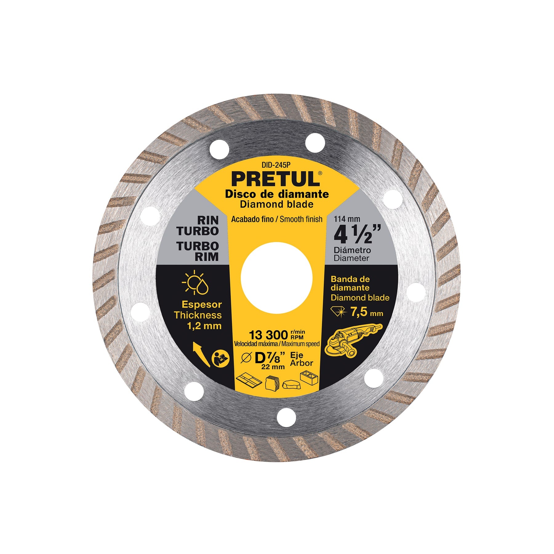 Disco de diamante de 4-1/2" x 1.2 mm, rin turbo, Pretul, DID-245P, 27017