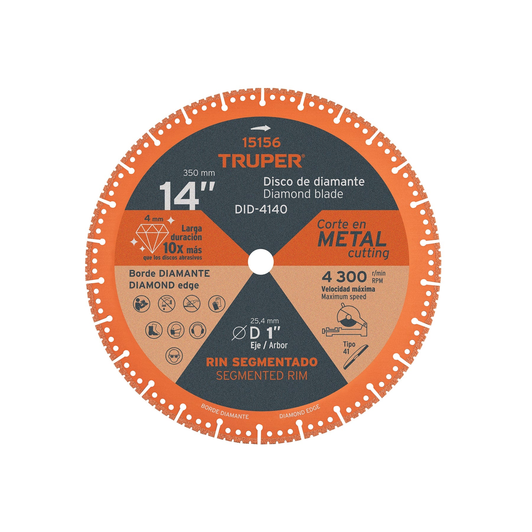 Disco de diamante de 14" x 4 mm, corte de metal, Truper