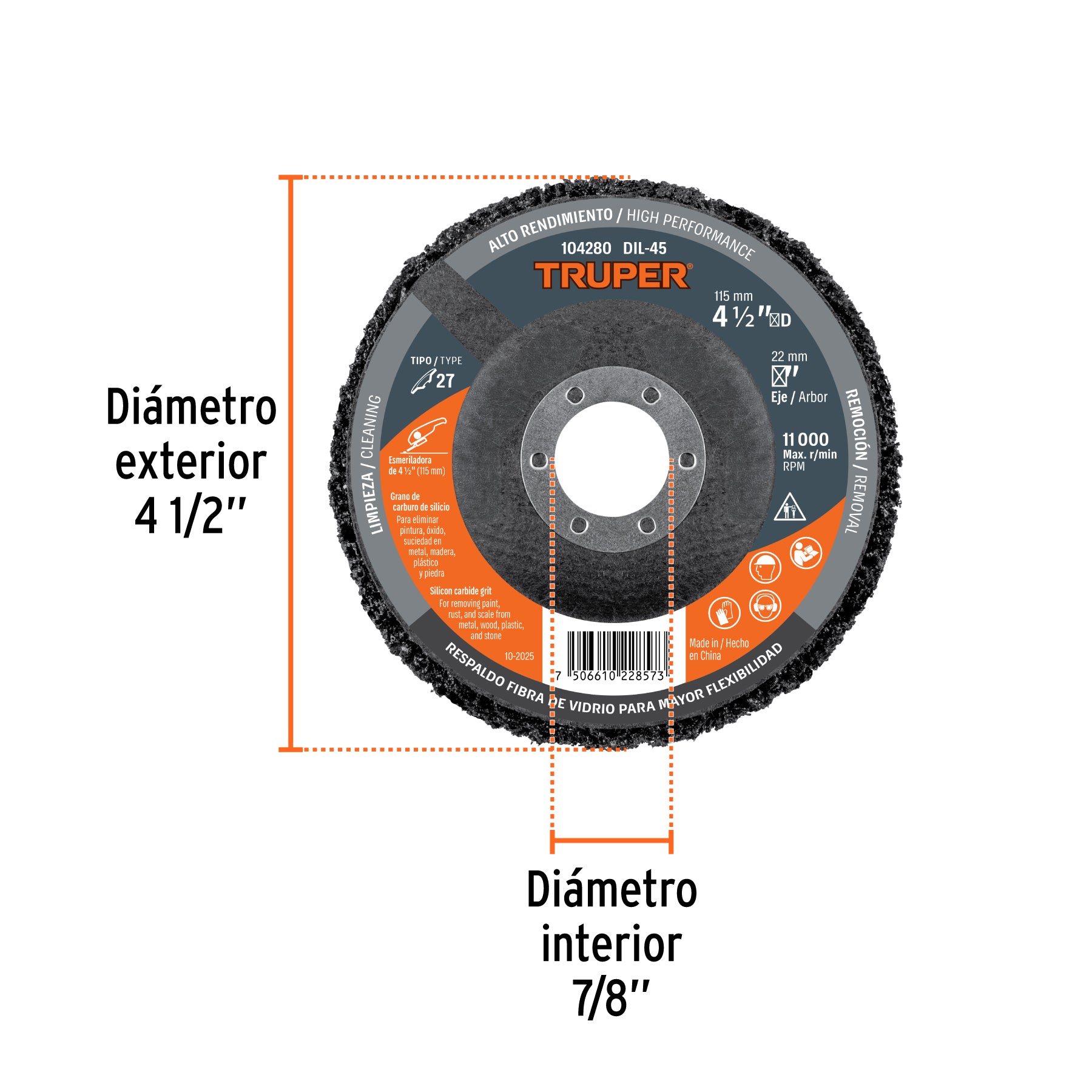 Disco removedor / limpieza 4-1/2" centro 7/8", Truper, DIL-45, 104280