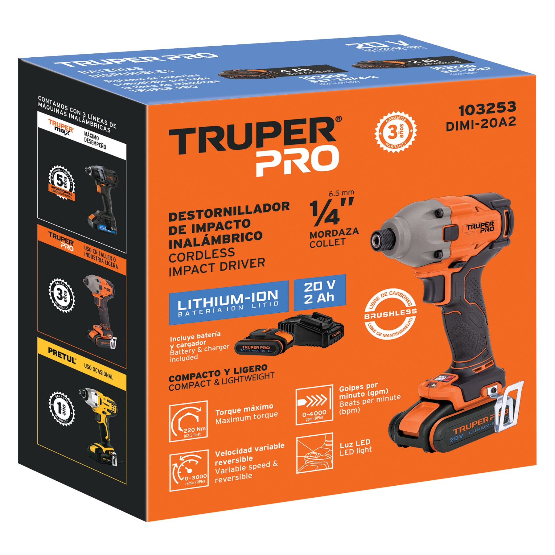 Destornillador de impacto 1/4", 20V, 1 batería 2Ah, PRO
