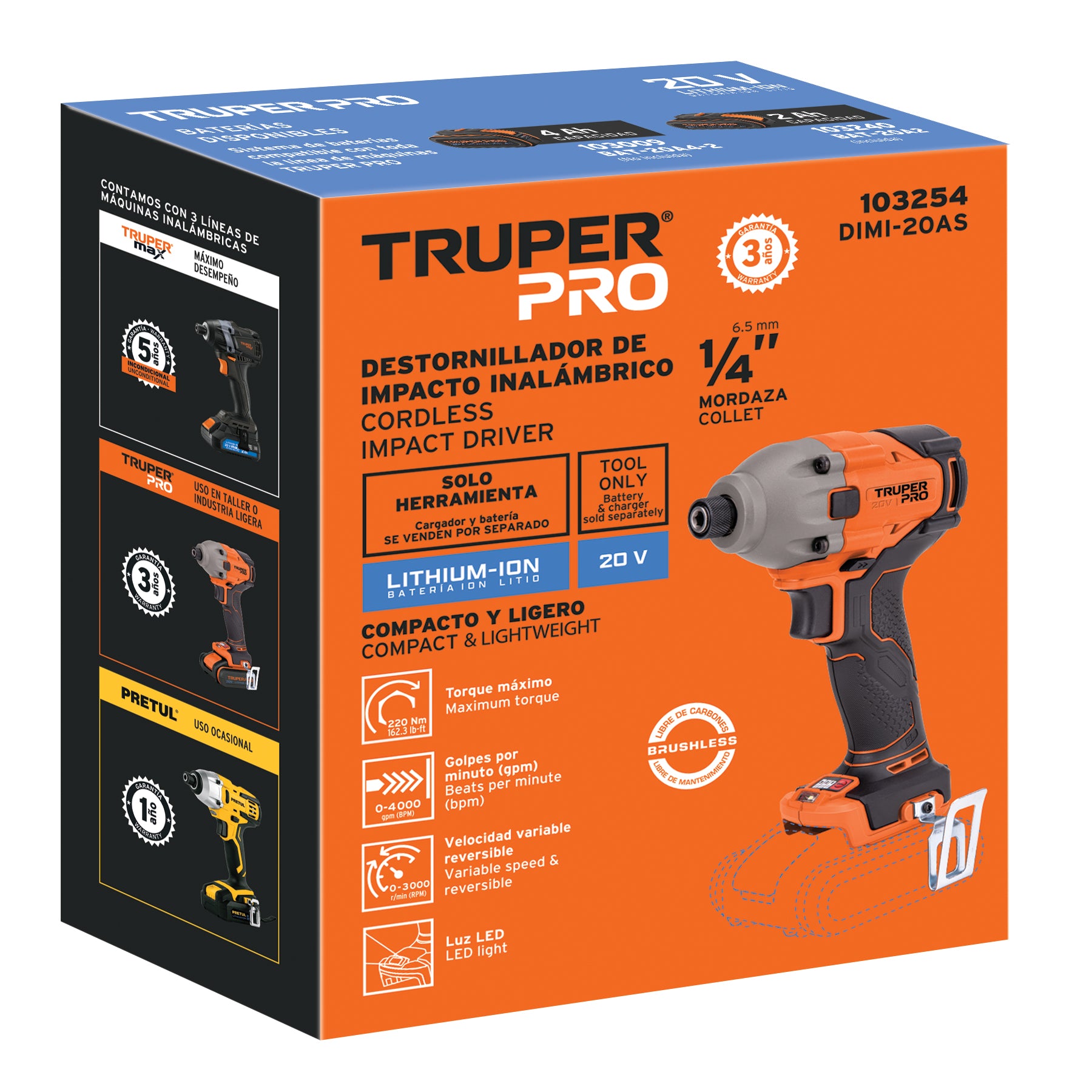 Destornillador de impacto 1/4", 20V, sin accesorios, PRO