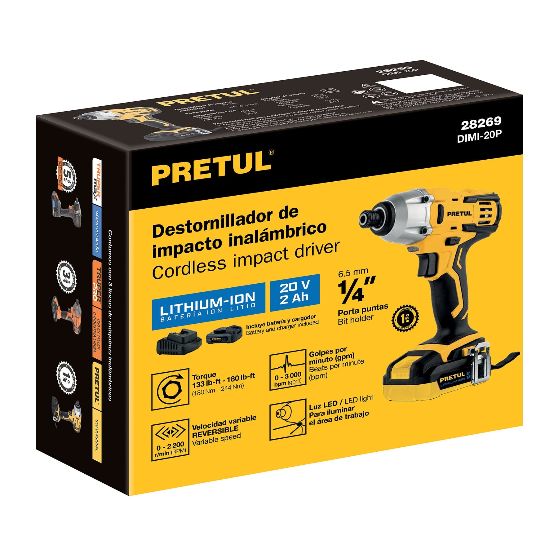 Destornillador de impacto 1/4", 20V, 1 batería 2Ah, Pretul