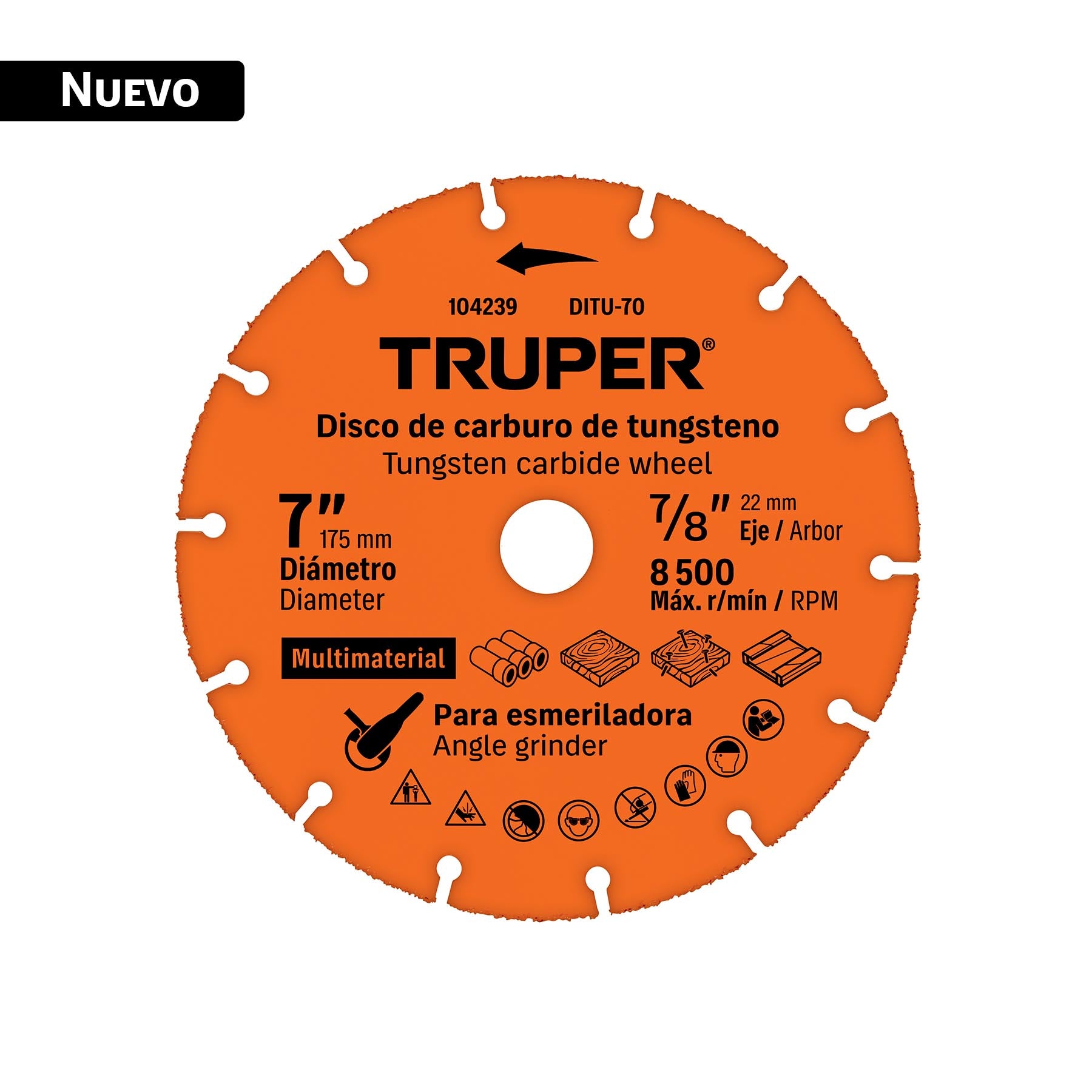 Disco 7" multimaterial de carburo de tungsteno, Truper, DITU-70, 104239