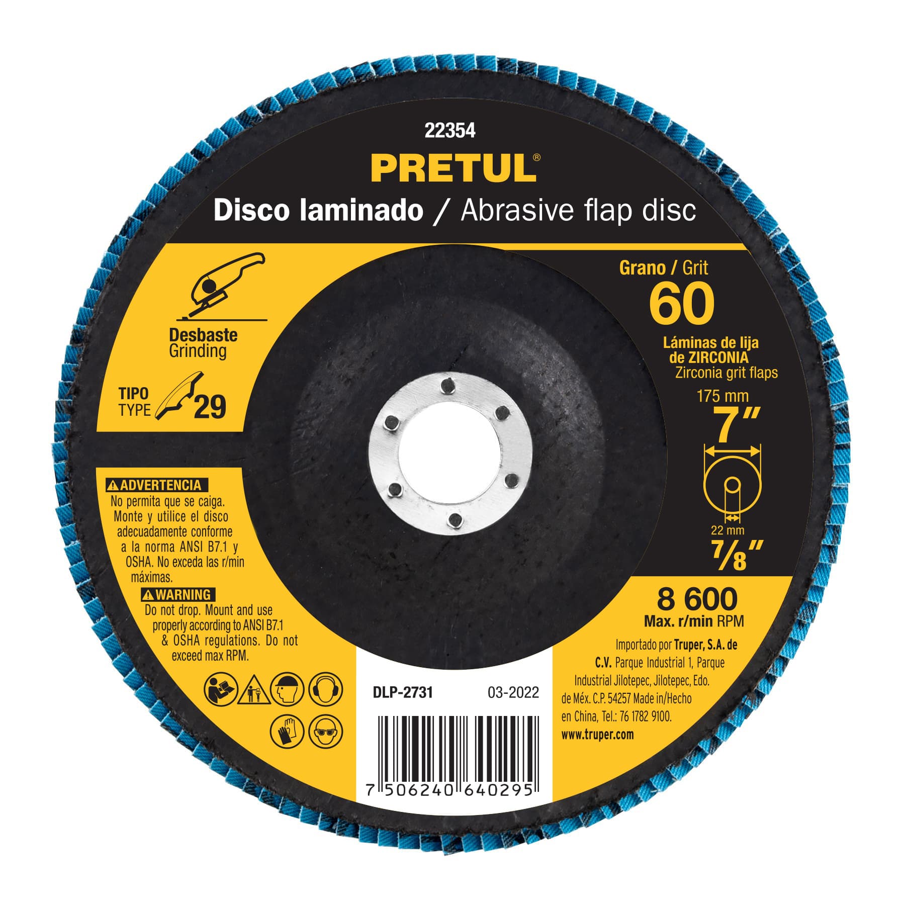 Disco laminado 7", grano 60 centro 7/8", fibra, Pretul