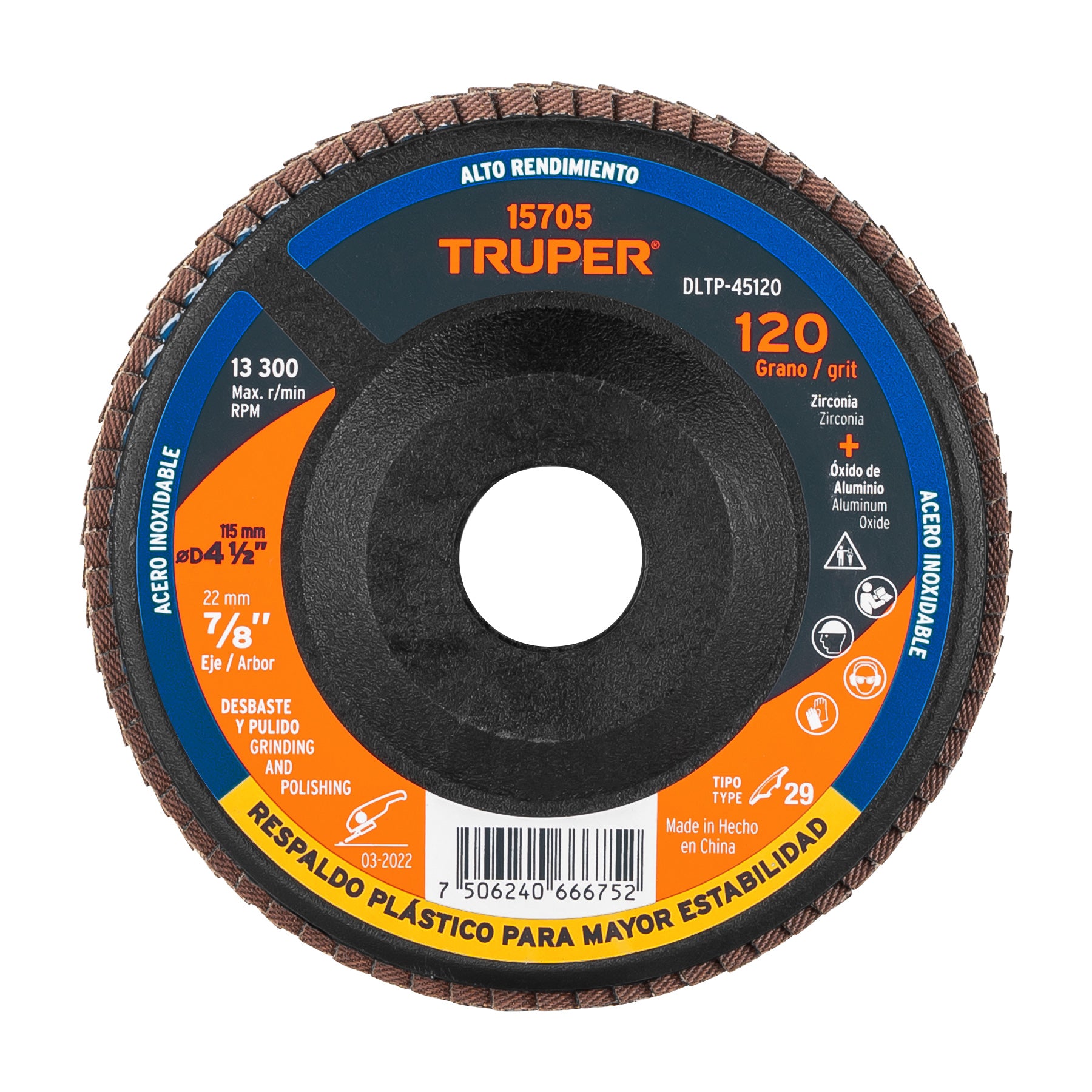 Disco laminado 4-1/2" grano 120 centro 7/8", plástico,Truper