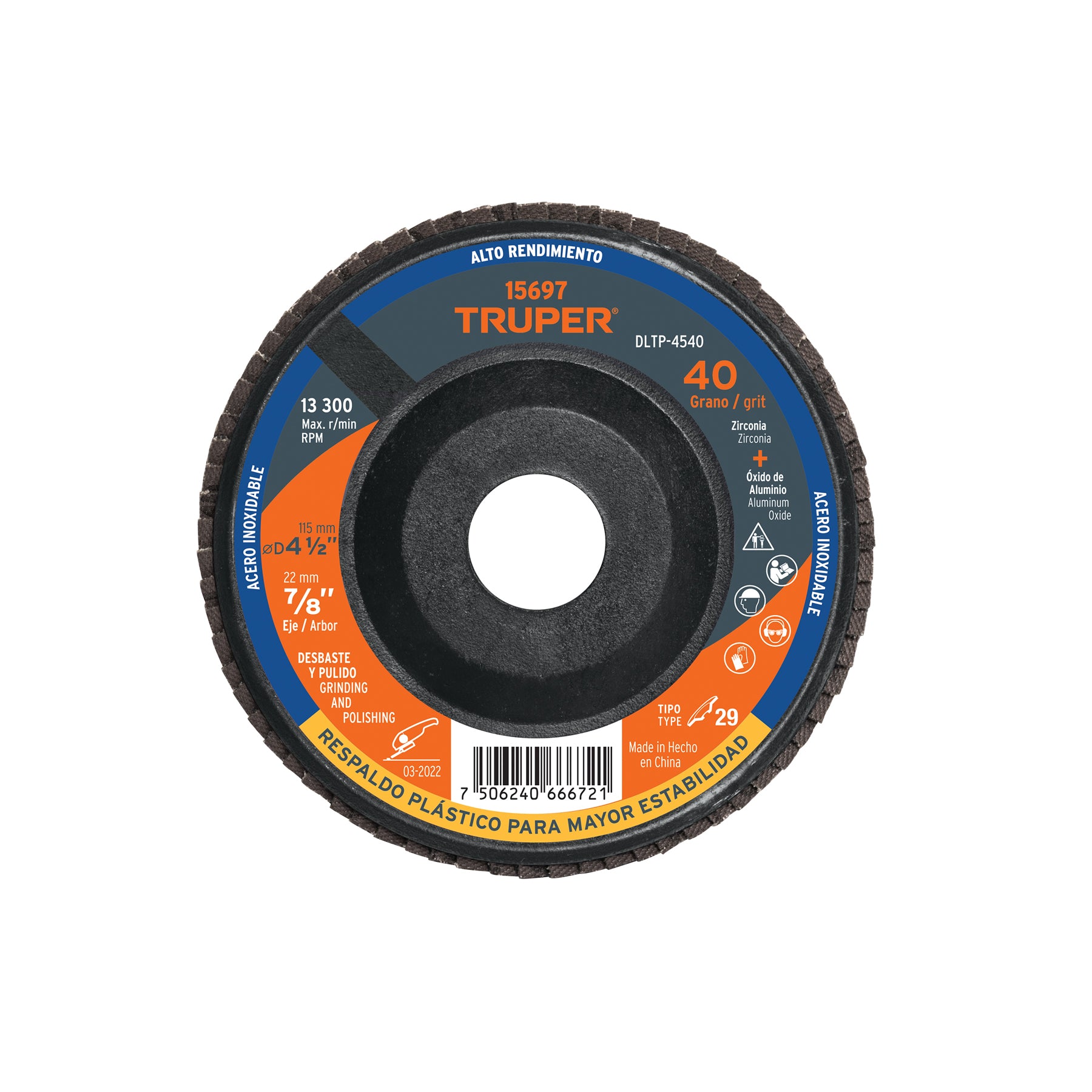 Disco laminado 4-1/2" grano 40 centro 7/8", plástico, Truper