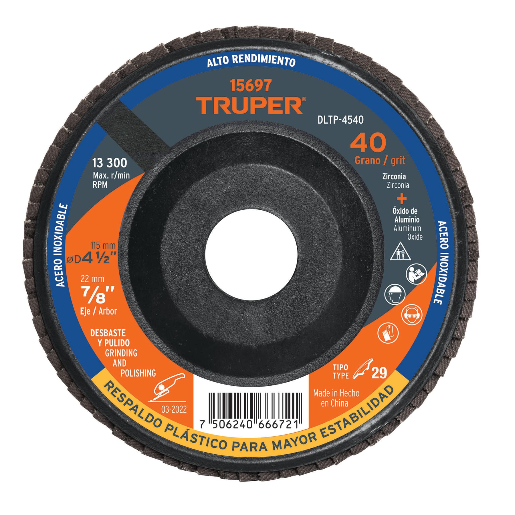 Disco laminado 4-1/2" grano 40 centro 7/8", plástico, Truper