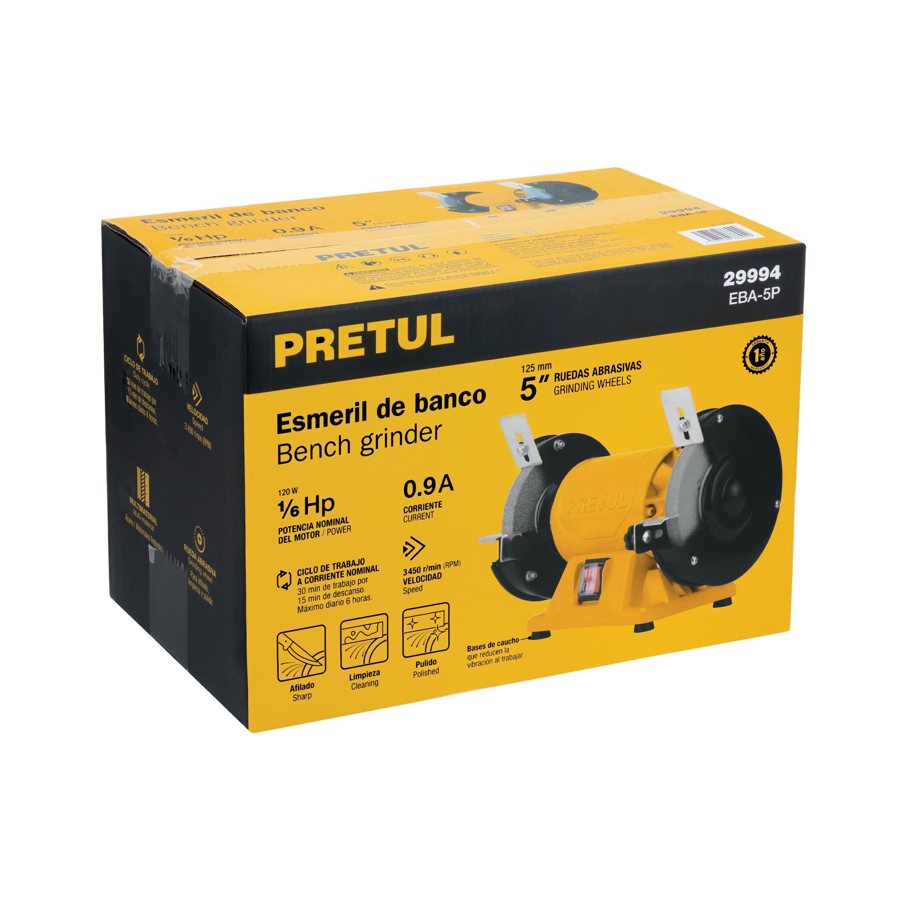 Esmeril de banco de 5" de 1/6 HP (120 W), Pretul, EBA-5P, 29994