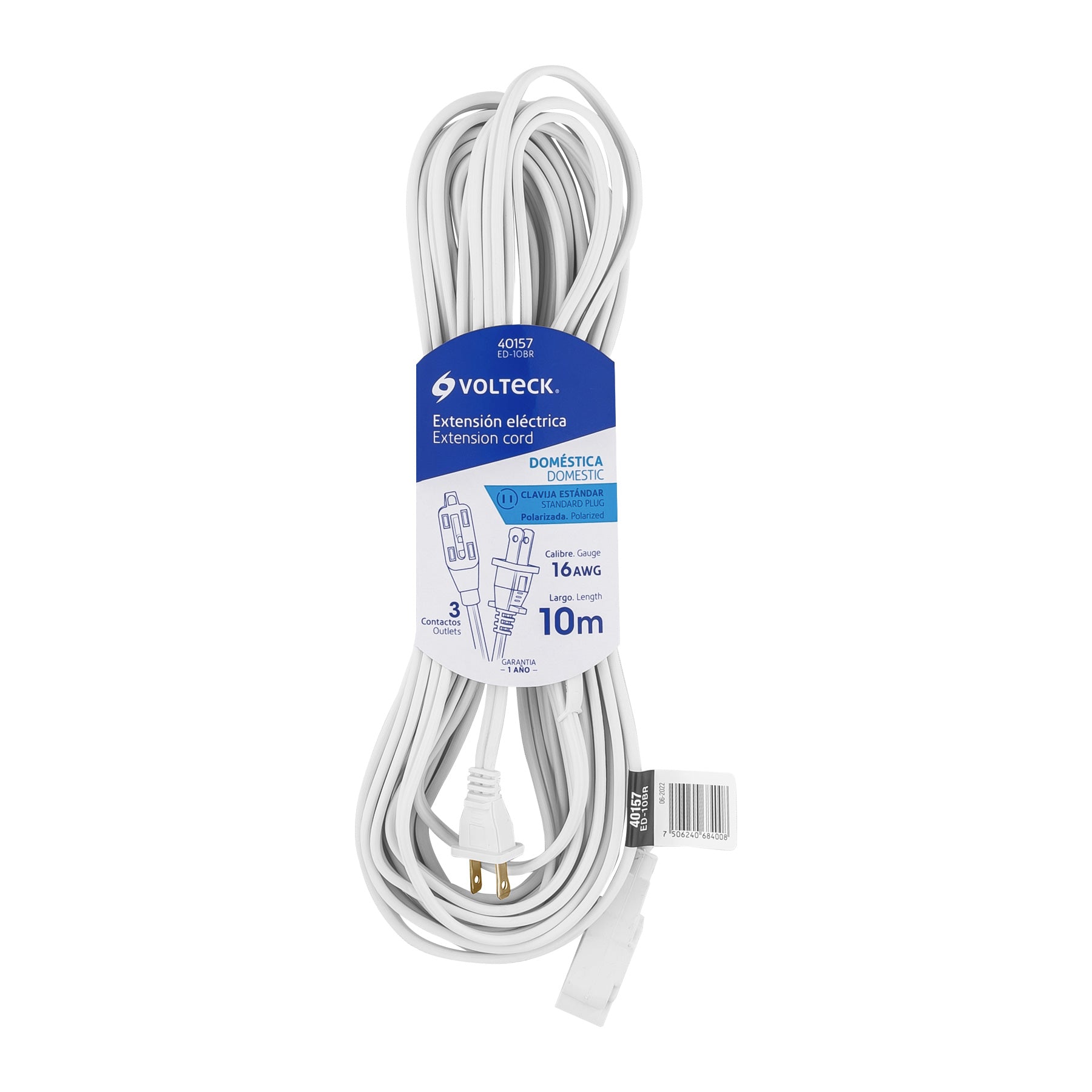 Extensión eléctrica doméstica 10 m clavija recta, blanca, Volteck, ED-10BR, 40157