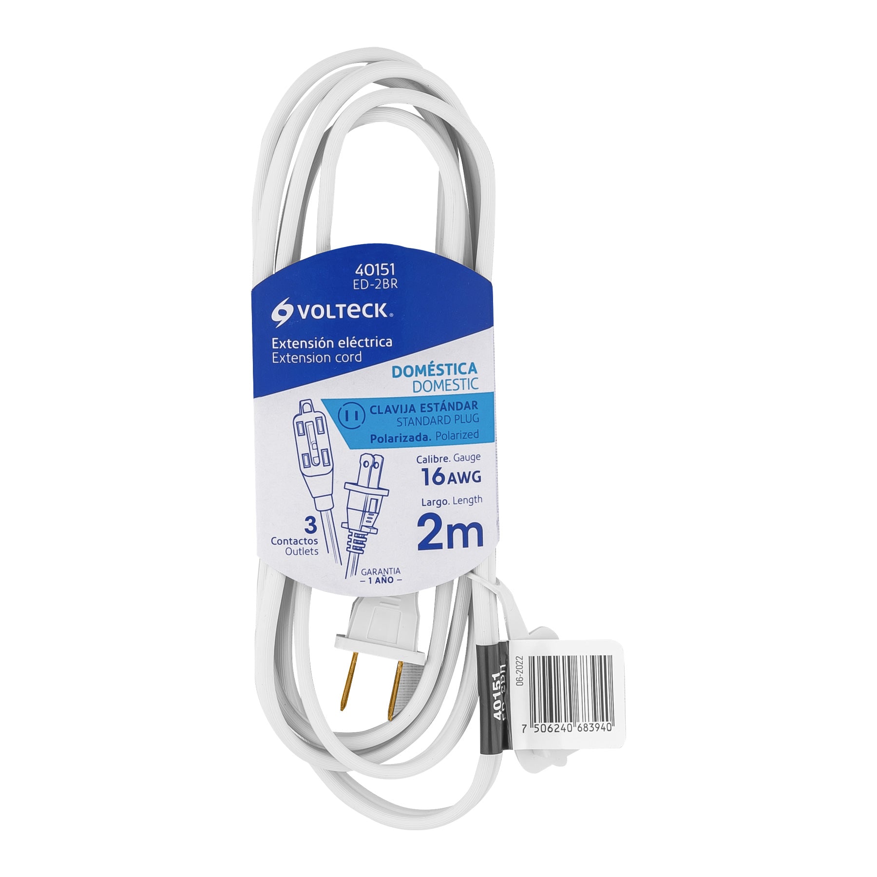 Extensión eléctrica doméstica 2 m clavija recta, blanca, Volteck, ED-2BR, 40151