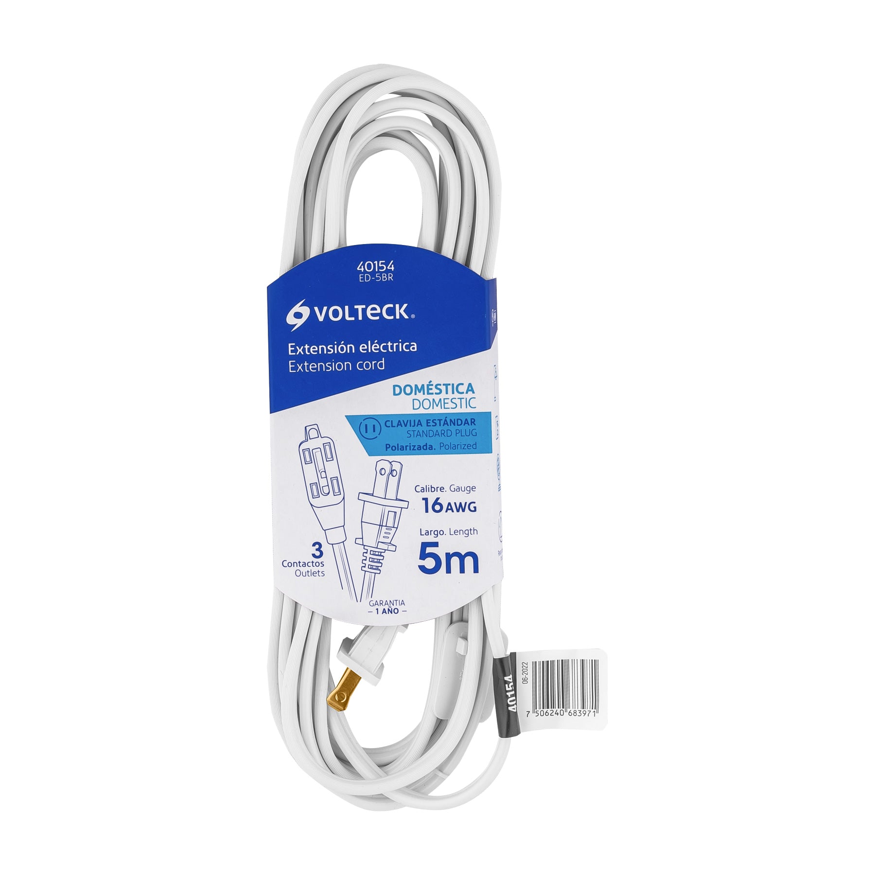 Extensión eléctrica doméstica 5 m clavija recta, blanca, Volteck, ED-5BR, 40154