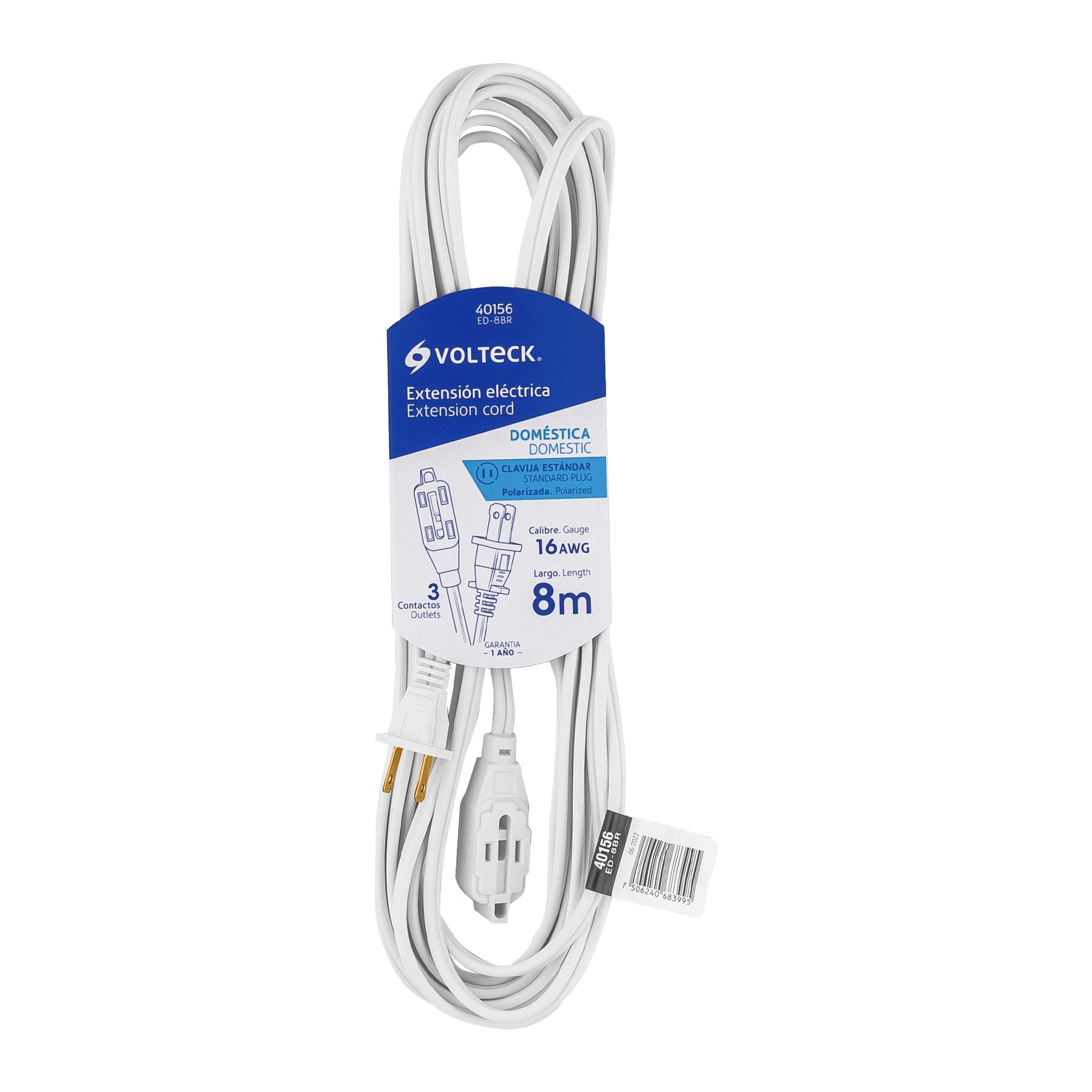 Extensión eléctrica doméstica 8 m clavija recta, blanca, Volteck, ED-8BR, 40156
